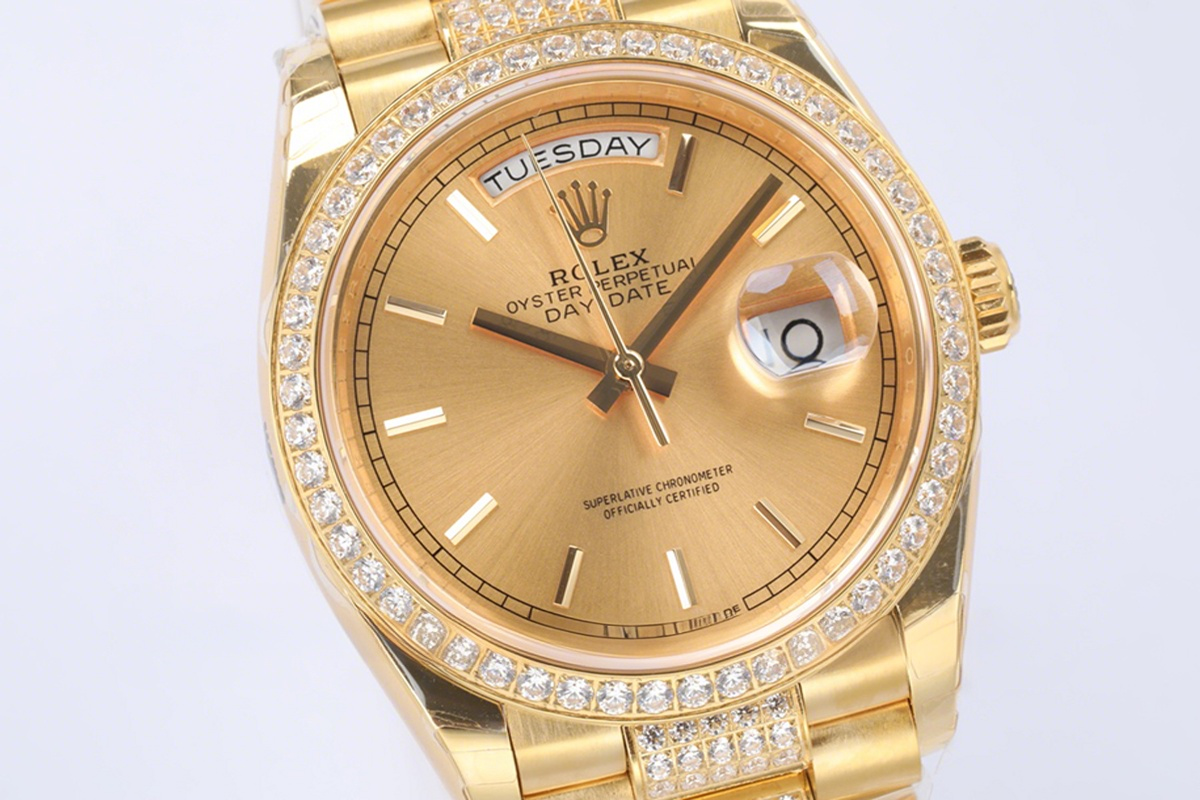 Rolex Day-Date 36 128348RBR Champagne Dial with Diamond Bezel in Yellow Gold-fasswatch