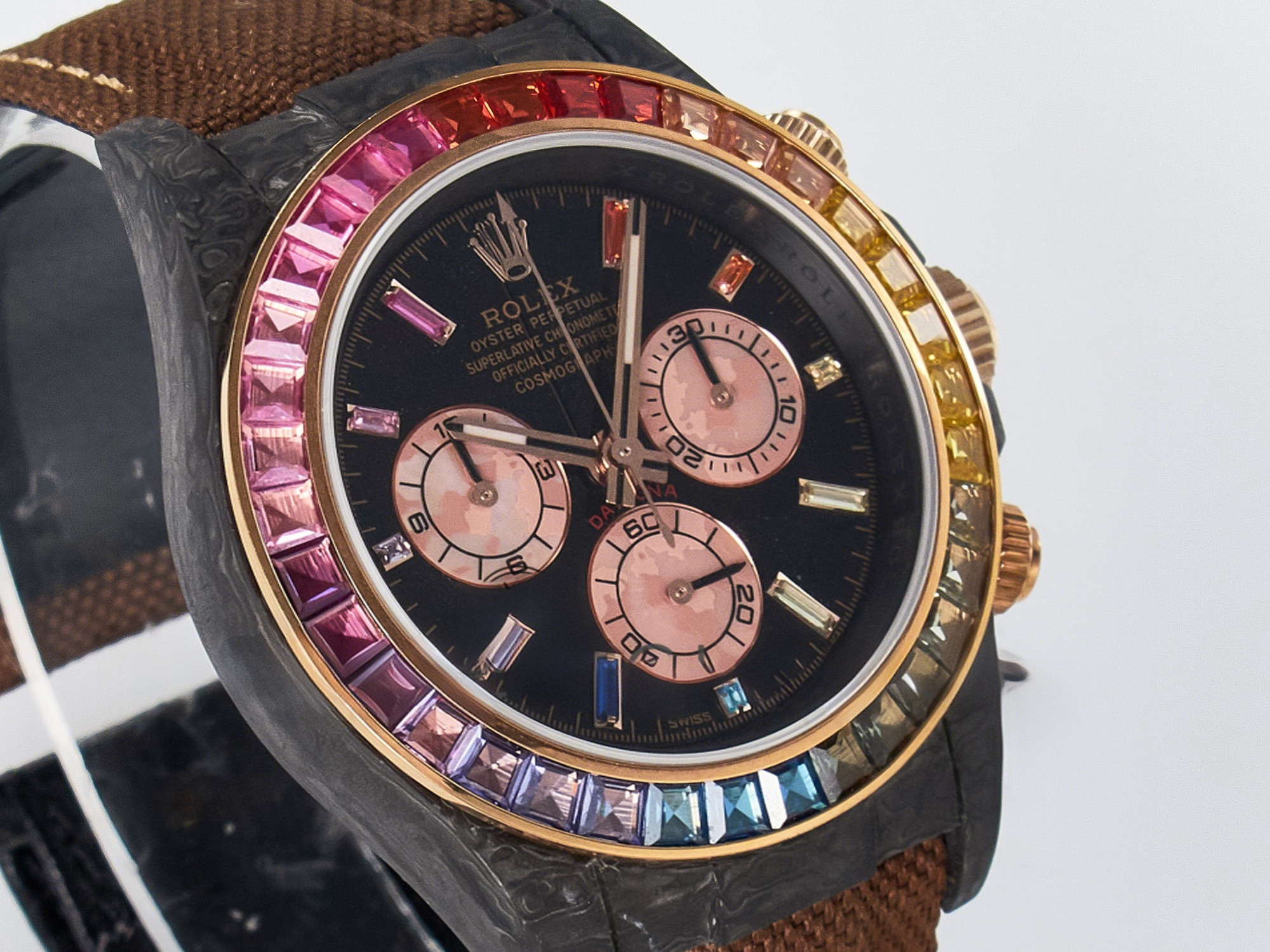 Rolex Daytona DIW Carbon Case DIWF Edition Black Dial Rainbow Diamonds Bezel on Brown Nylon Strap A7750-fasswatch