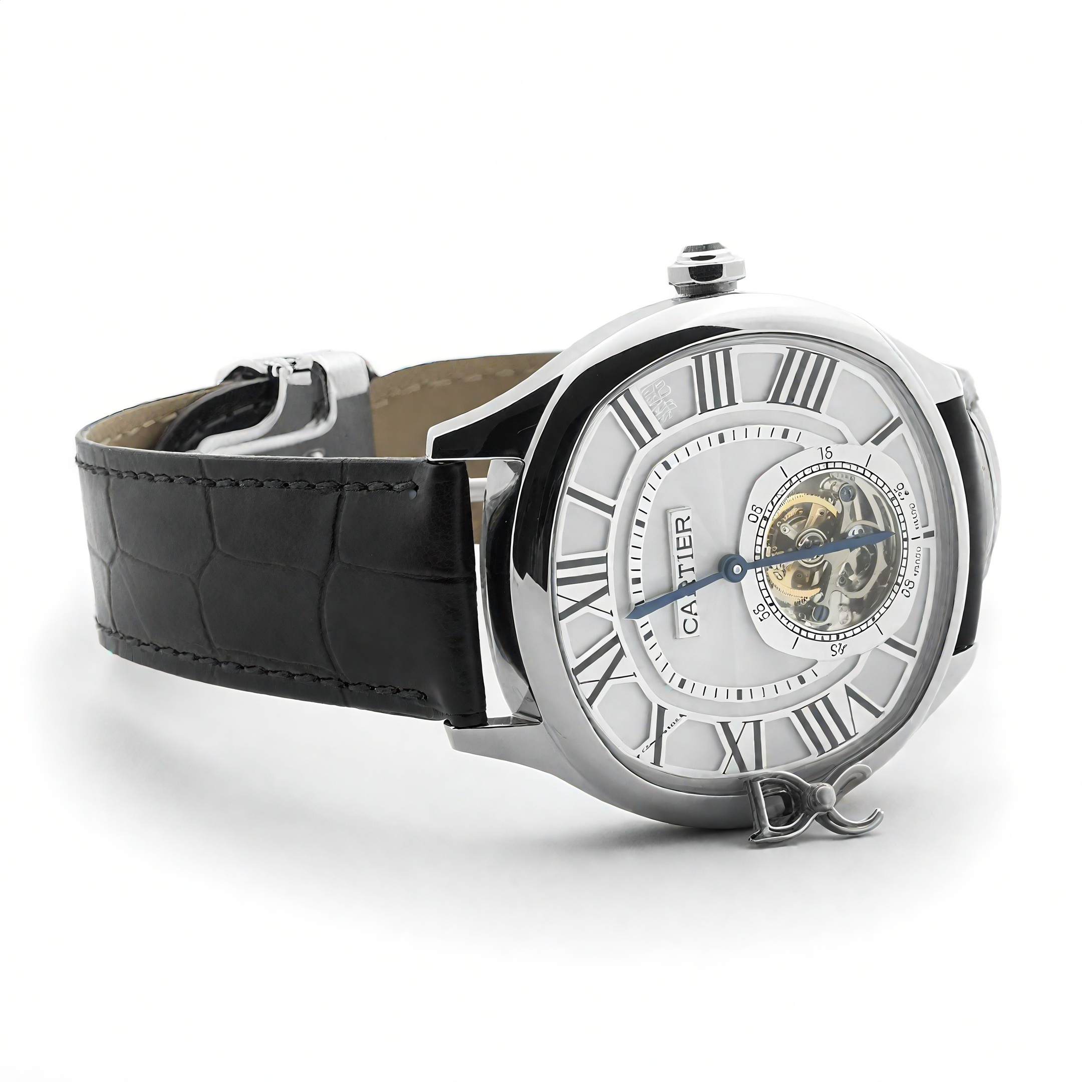 Drive de Cartier Tourbillon White Dial in White Gold on Black Leather Strap-fasswatch