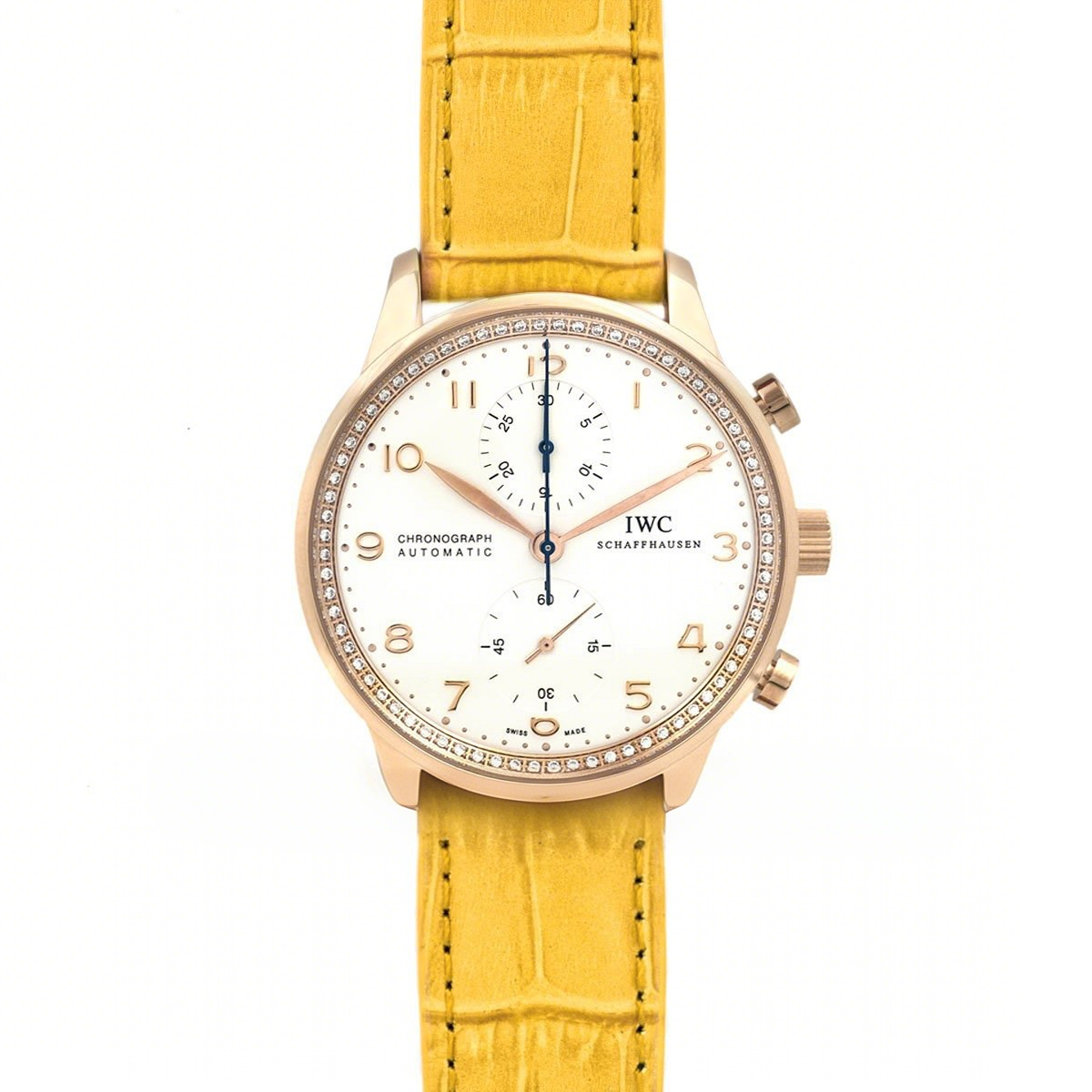 IWC Portugieser Chronograph Automatic White Dial in Rose Gold on Yellow Leather Strap-fasswatch