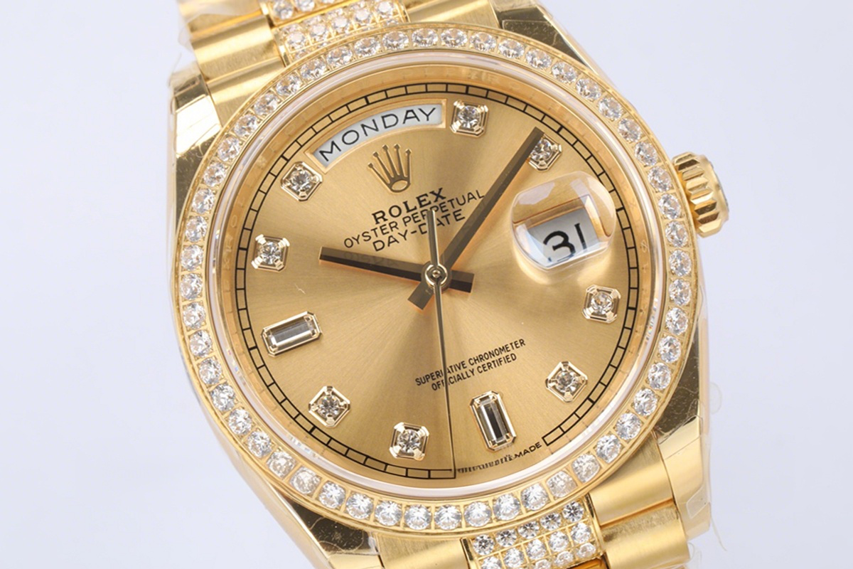Rolex Day-Date 36 128348RBR Champagne Dial with Diamond Markers and Bezel in Yellow Gold-fasswatch