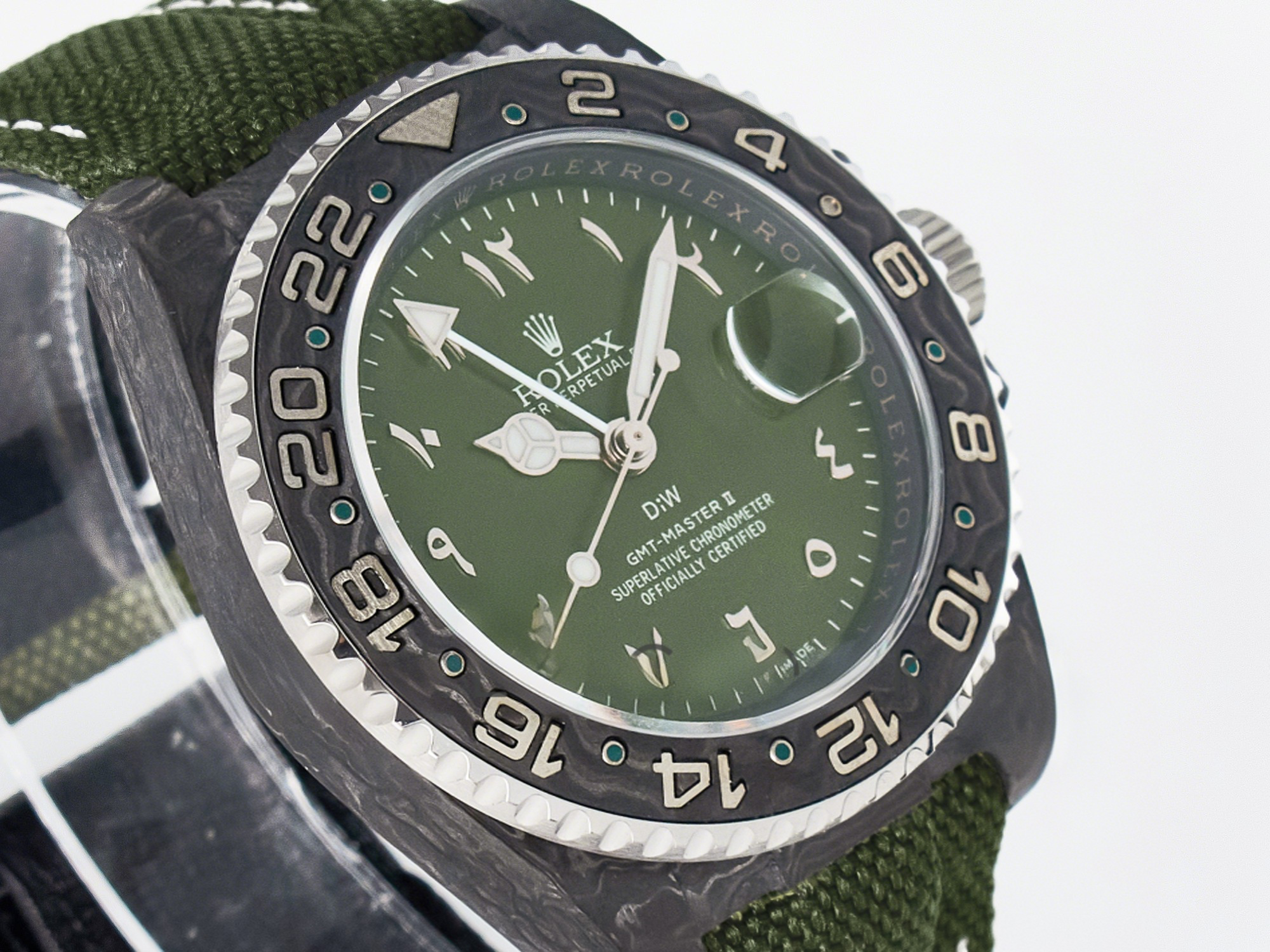 Rolex GMT Carbon DIWF Best Edition Green Arabic Dial on Green Nylon Strap SA3186 CHS-fasswatch