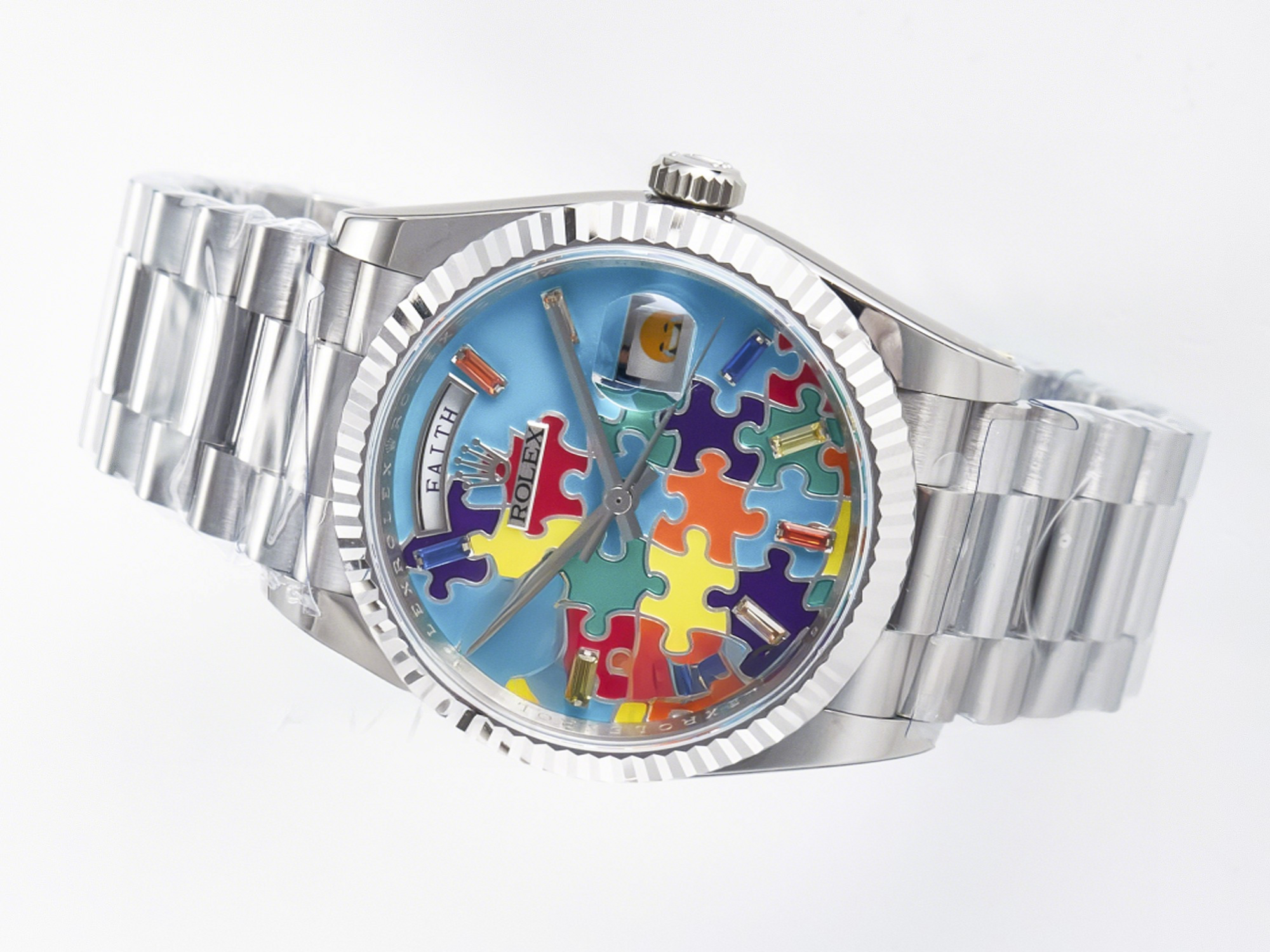 Rolex Daydate 128239 36mm Colour Jigsaw Puzzle SS QHF Best Edition Turquoise Blue Dial on SS President Bracelet A2834-fasswatch