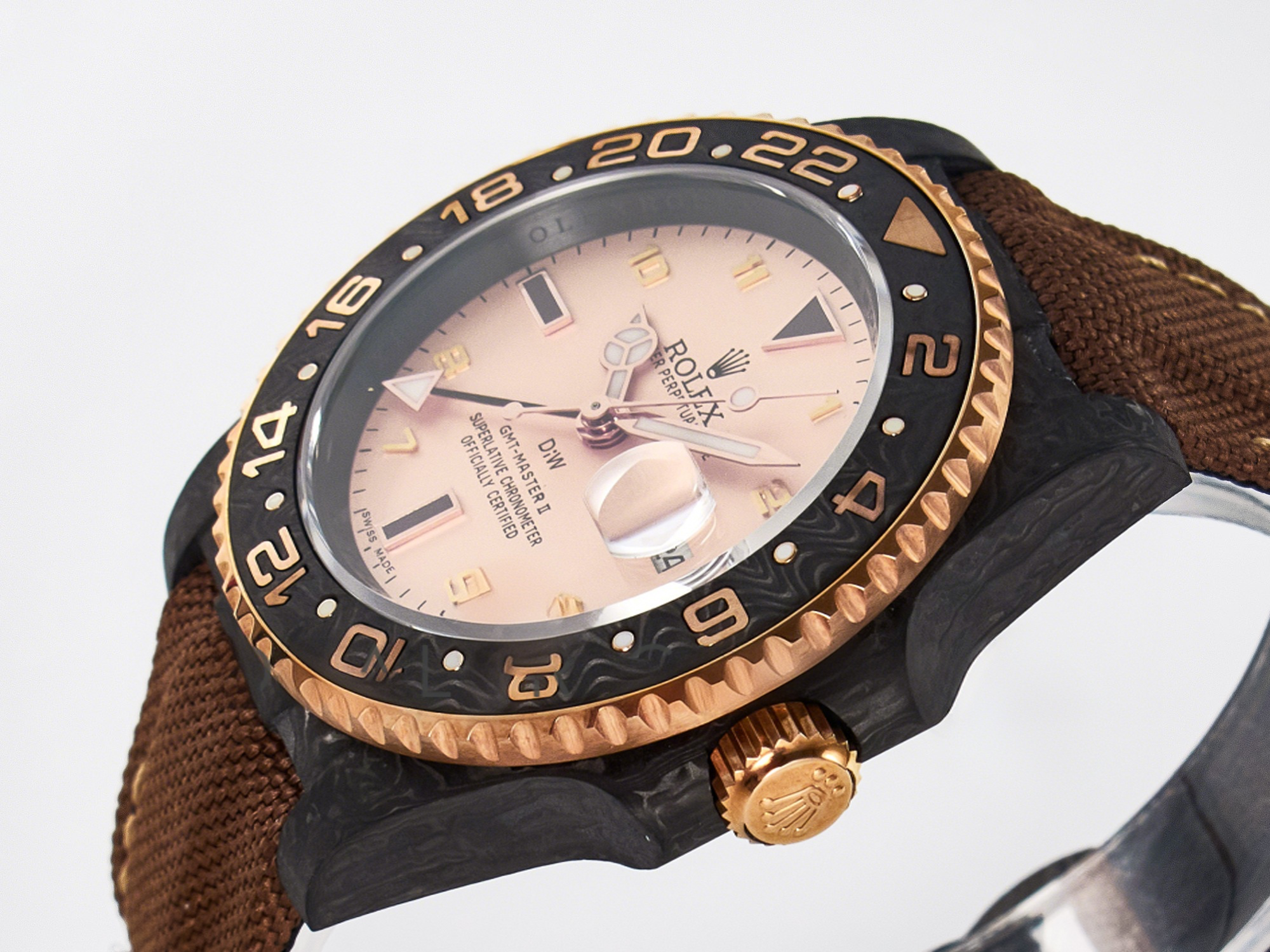 Rolex GMT Carbon DIWF Best Edition Yellow Roman Dial on Brown Nylon Strap SA3285 CHS V2-fasswatch