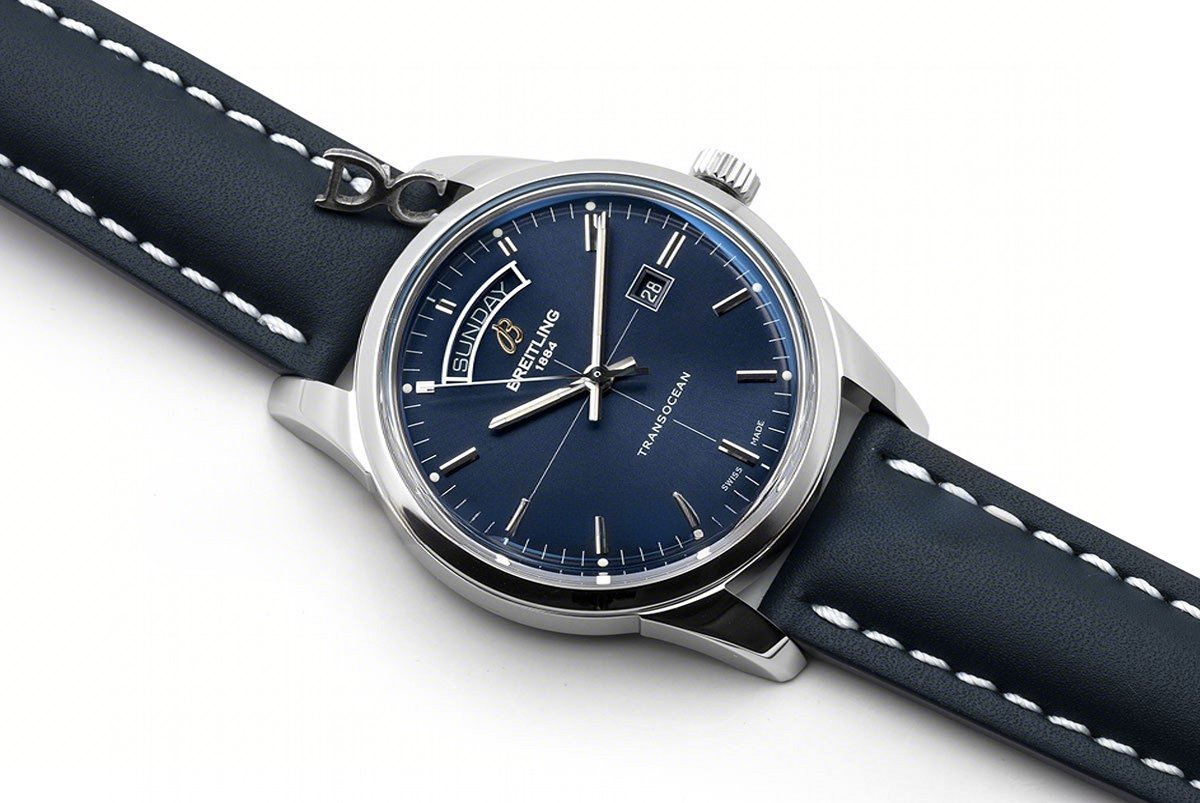Breitling Transoccean Day & Date Blue Dial in Steel on Leather Strap-fasswatch