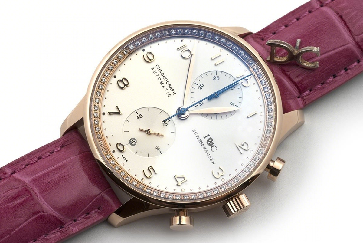 IWC Portugieser Chronograph Automatic White Dial in Rose Gold on Purple Leather Strap-fasswatch