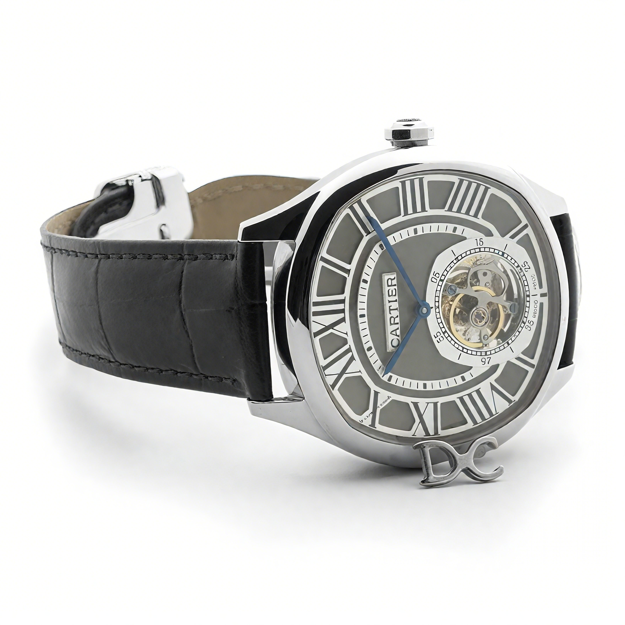 Cartier Drive de Cartier Tourbillon Grey Dial in White Gold on Black Leather Strap-fasswatch
