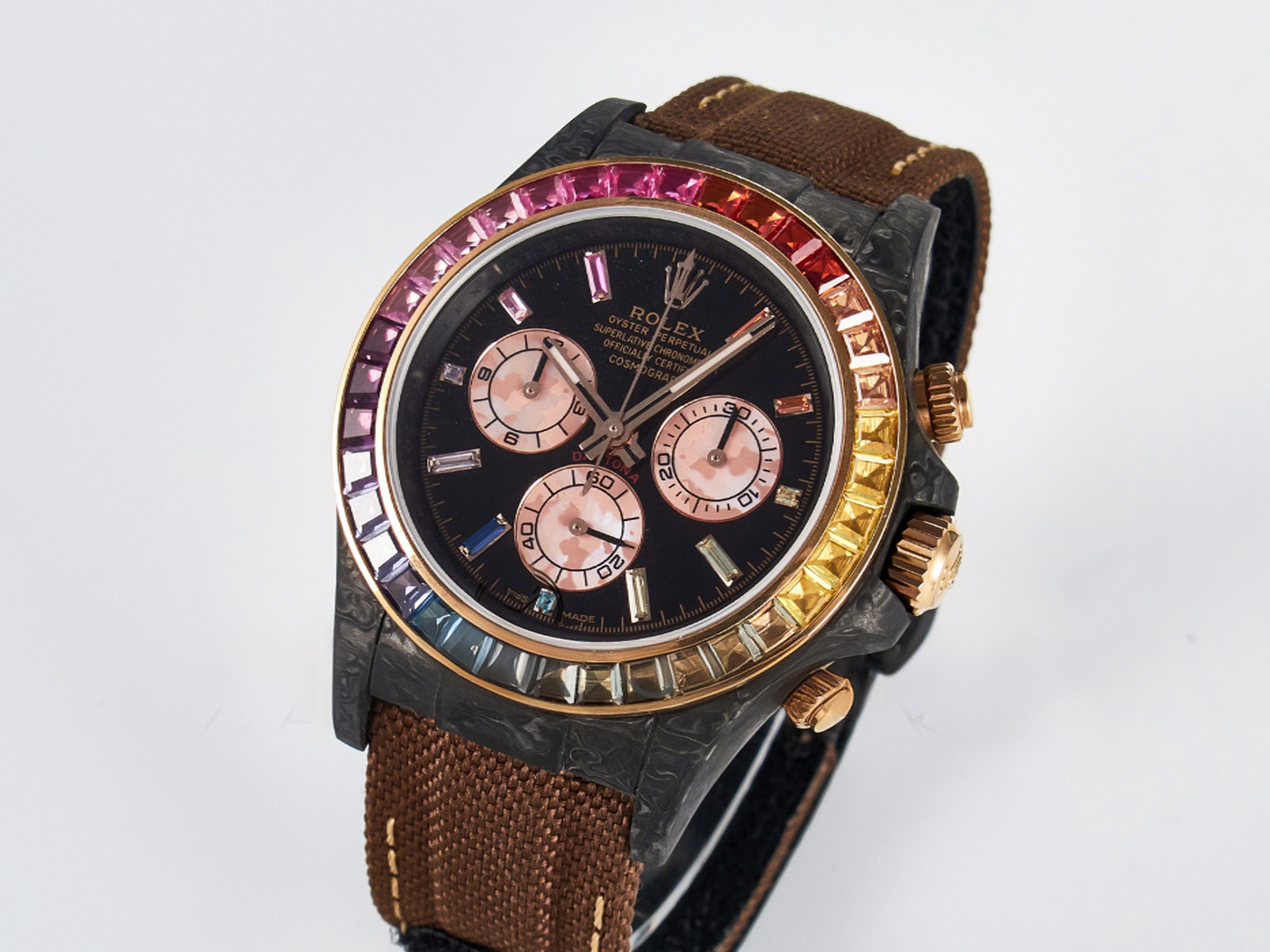 Rolex Daytona DIW Carbon Case DIWF Edition Black Dial Rainbow Diamonds Bezel on Brown Nylon Strap A7750-fasswatch