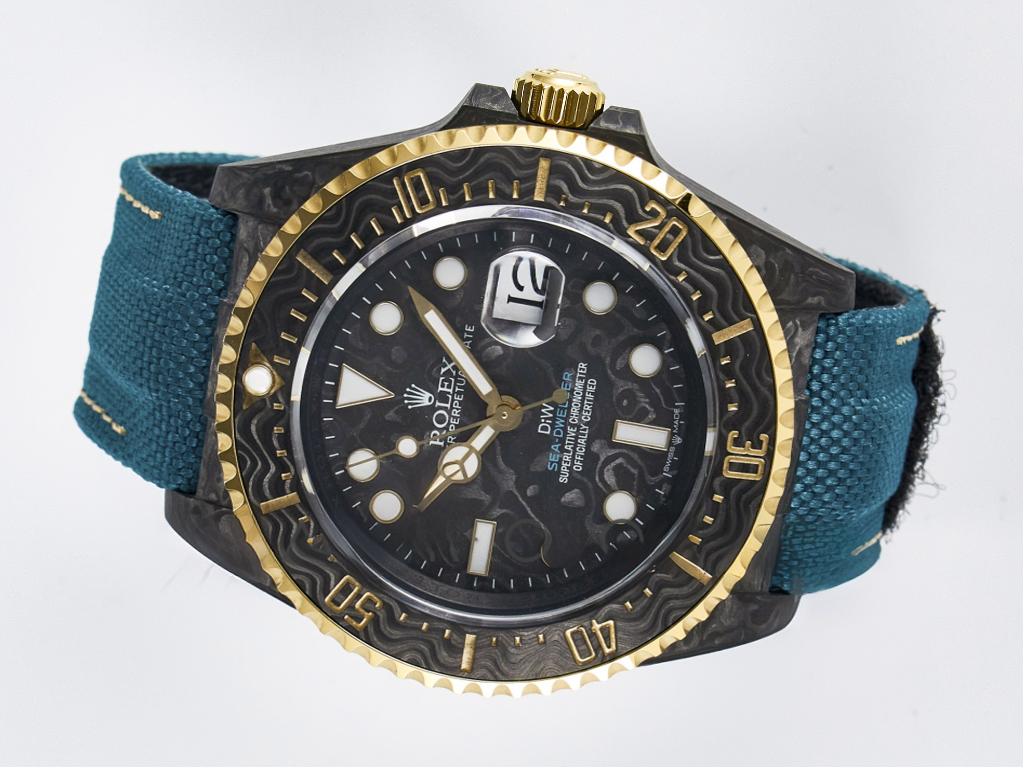 Rolex Sea Dweller 43mm Carbon DIWF Best Edition Black Dial YG Bezel on Blue Nylon Strap A2824-fasswatch
