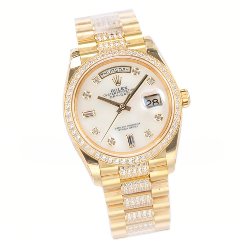 Rolex Day-Date 36 128348RBR MOP Dial with Diamond Bezel in Yellow Gold-fasswatch