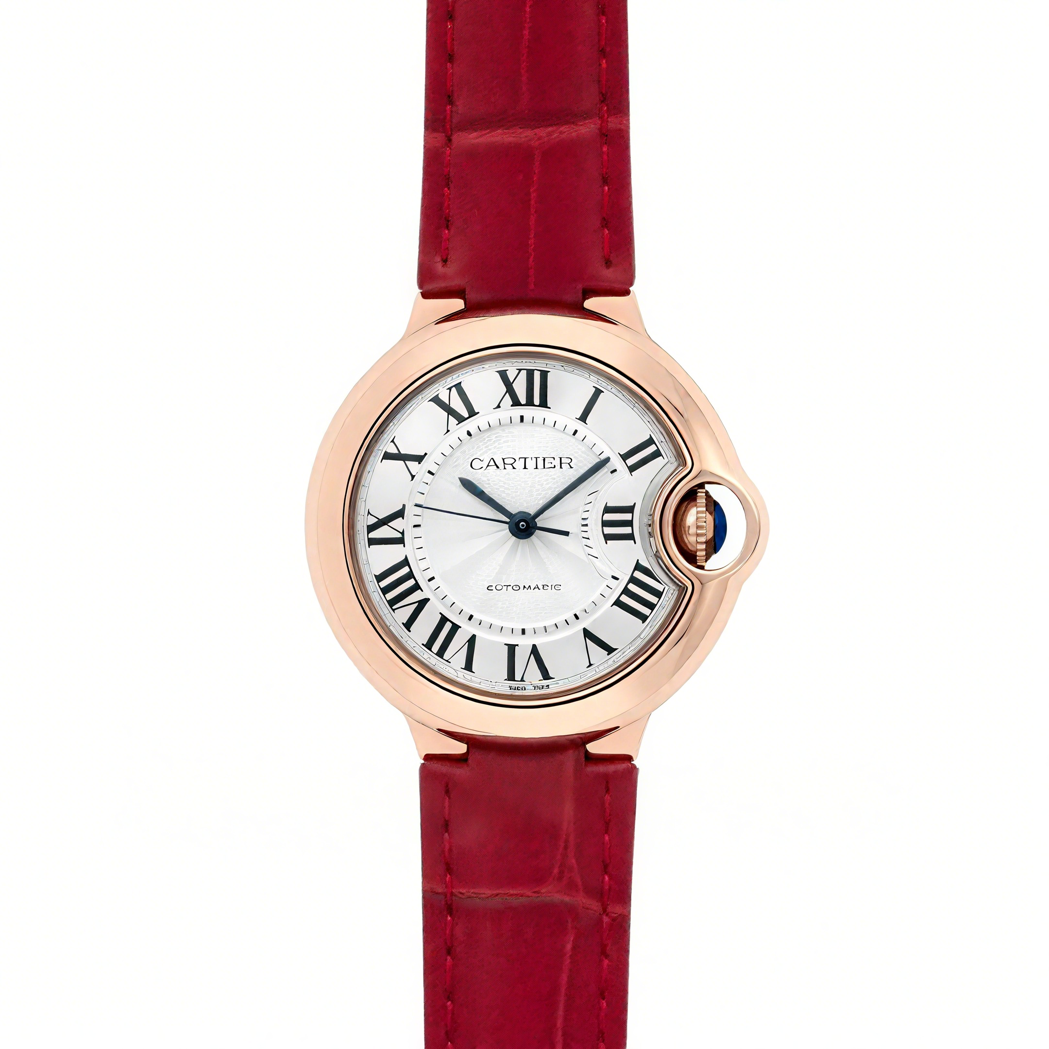 Cartier Ballon Bleu De Cartier 36mm Silver Dial in Pink Gold on Red Leather Strap-fasswatch