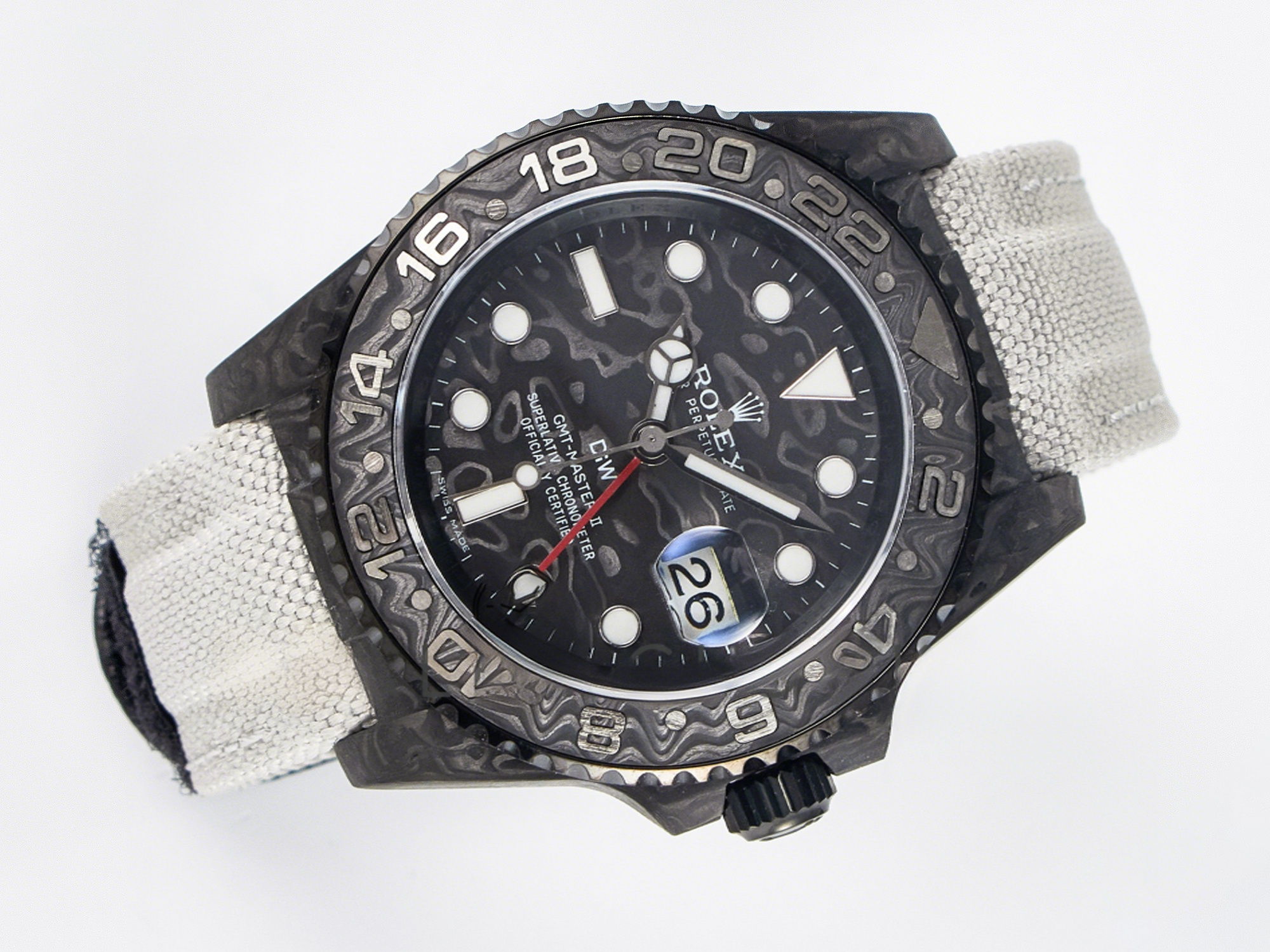 Rolex GMT Carbon DIWF Best Edition Black Carbon Dial SS Markers on White Nylon Strap SA3285 CHS V2-fasswatch