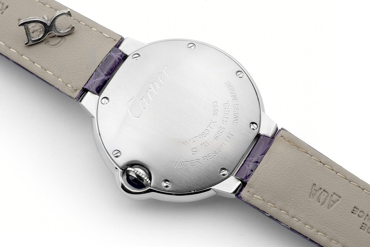 Cartier Ballon Bleu de Cartier 36mm White Dial in Steel on Purple Leather Strap-fasswatch