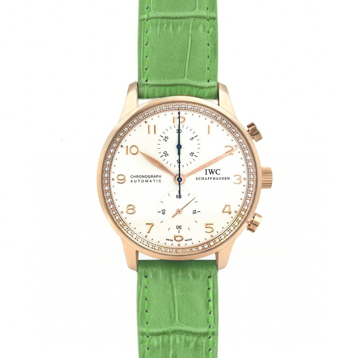 IWC Portugieser Chronograph Automatic White Dial in Rose Gold on Green Leather Strap-fasswatch