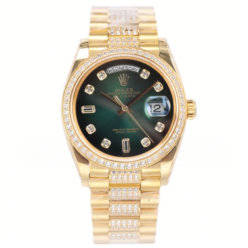 Rolex Day-Date 36 128348RBR Green Dial with Diamond Bezel in Yellow Gold-fasswatch