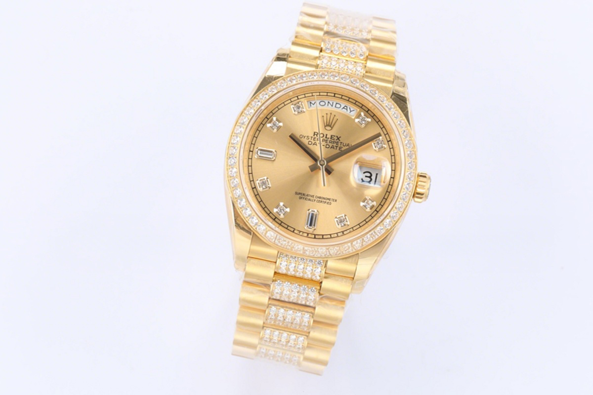 Rolex Day-Date 36 128348RBR Champagne Dial with Diamond Markers and Bezel in Yellow Gold-fasswatch