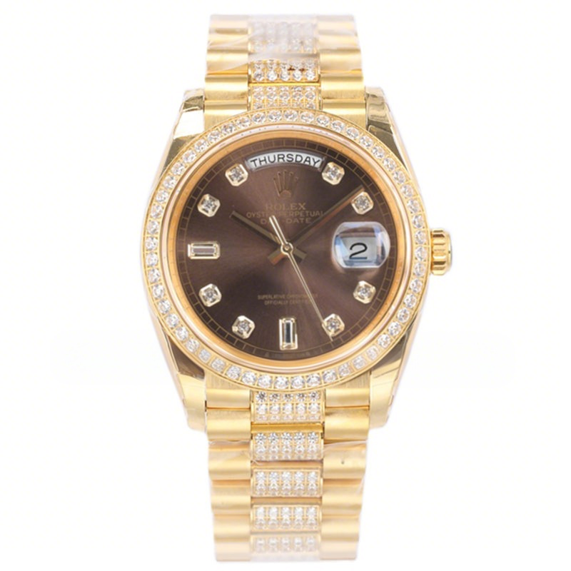 Rolex Day-Date 36 128348RBR Brown Dial with Diamond Bezel in Yellow Gold-fasswatch