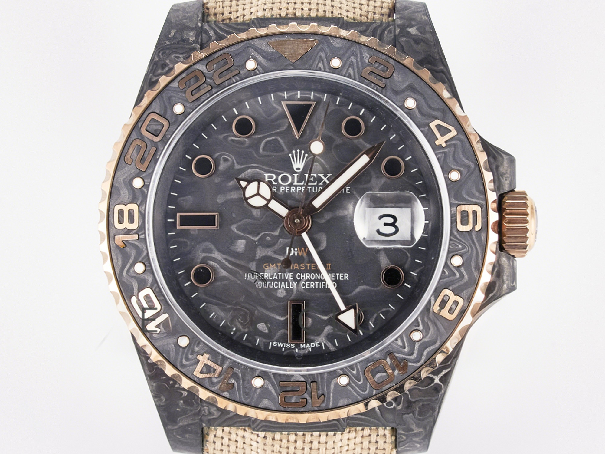 Rolex GMT Carbon DIWF Best Edition Black Carbon Dial RG Markers on Beige Nylon Strap SA3186 CHS-fasswatch