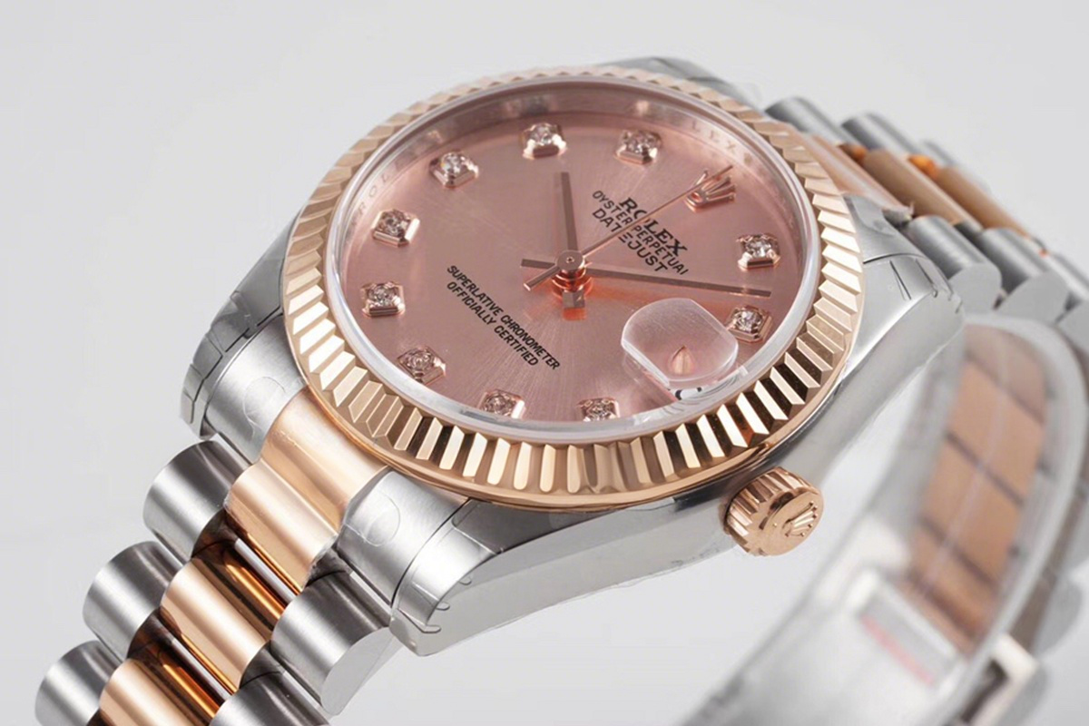 Rolex Datejust 31 Rose Dial Diamond Markers in Everose Gold/Steel on President Bracelet-fasswatch