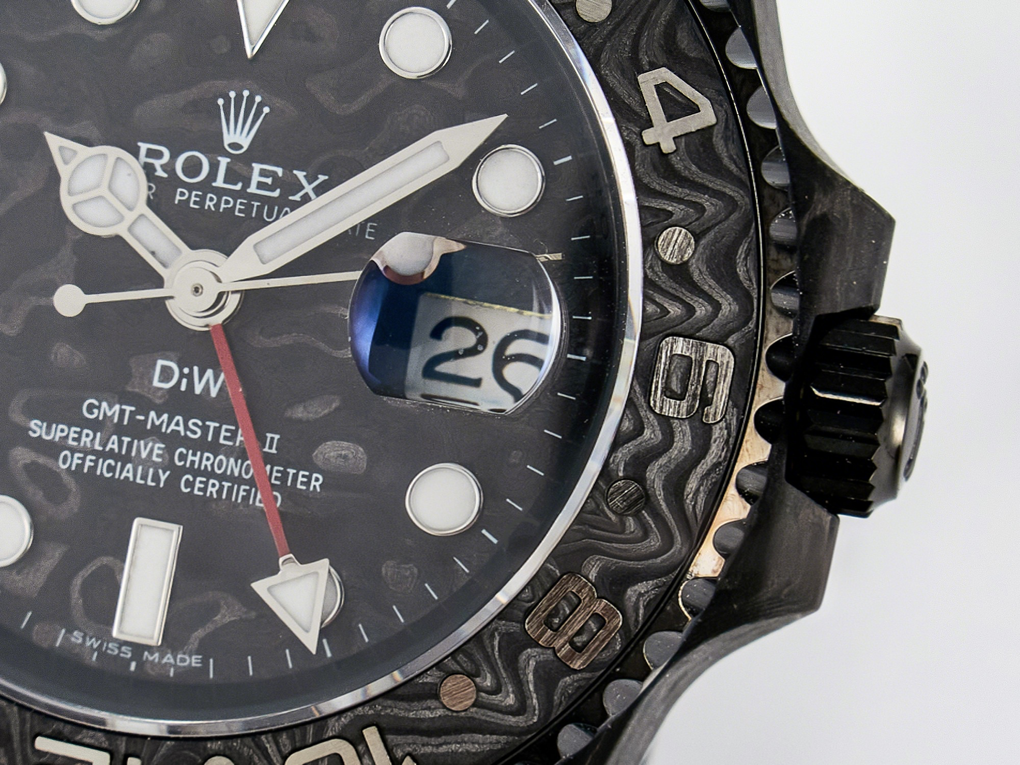 Rolex GMT Carbon DIWF Best Edition Black Carbon Dial SS Markers on White Nylon Strap SA3285 CHS V2-fasswatch
