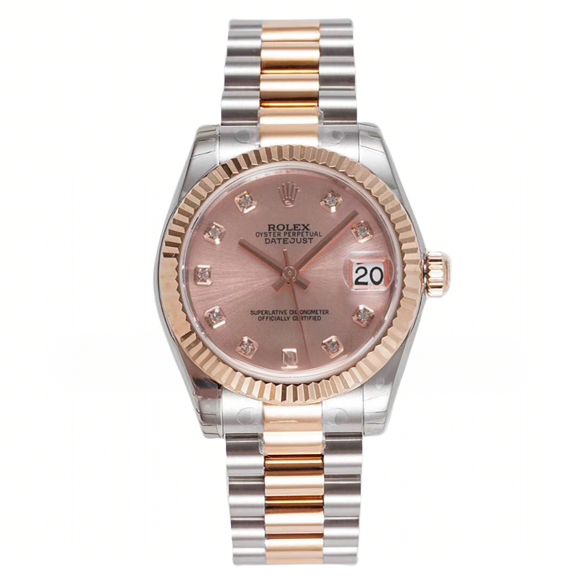 Rolex Datejust 31 Rose Dial Diamond Markers in Everose Gold/Steel on President Bracelet-fasswatch