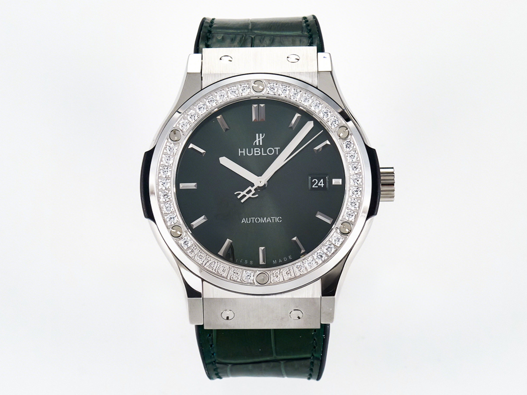 Hublot Classic Fusion Bang 42mm HBF 1:1 Best Edition Green Dial Diamonds Bezel on Green Leather Strap A2892-fasswatch