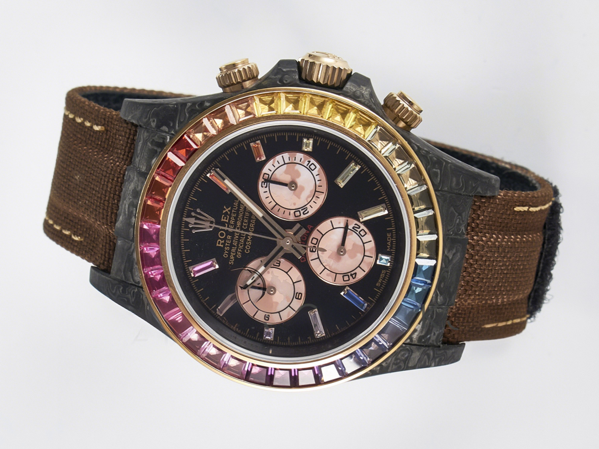 Rolex Daytona DIW Carbon Case DIWF Edition Black Dial Rainbow Diamonds Bezel on Brown Nylon Strap A7750-fasswatch