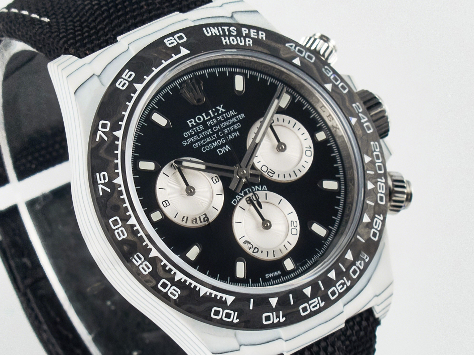 Rolex Daytona DIW White Carbon Case N6F Edition Black/White Dial on Black Nylon Strap A4130-fasswatch