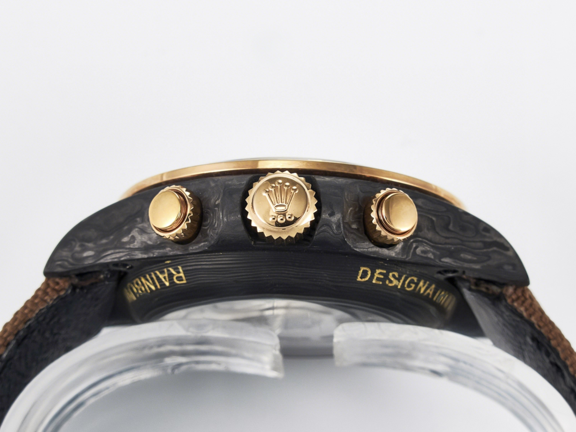 Rolex Daytona DIW Carbon Case DIWF Edition Black Dial Rainbow Diamonds Bezel on Brown Nylon Strap A7750-fasswatch