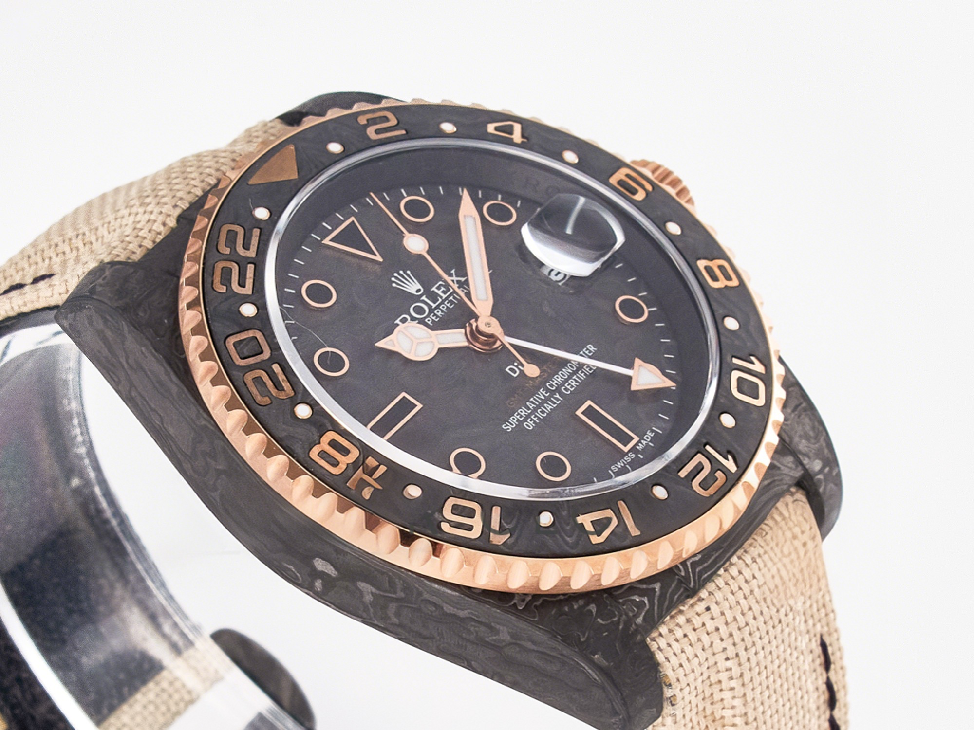 Rolex GMT Carbon DIWF Best Edition Black Carbon Dial RG Markers on Beige Nylon Strap SA3186 CHS-fasswatch