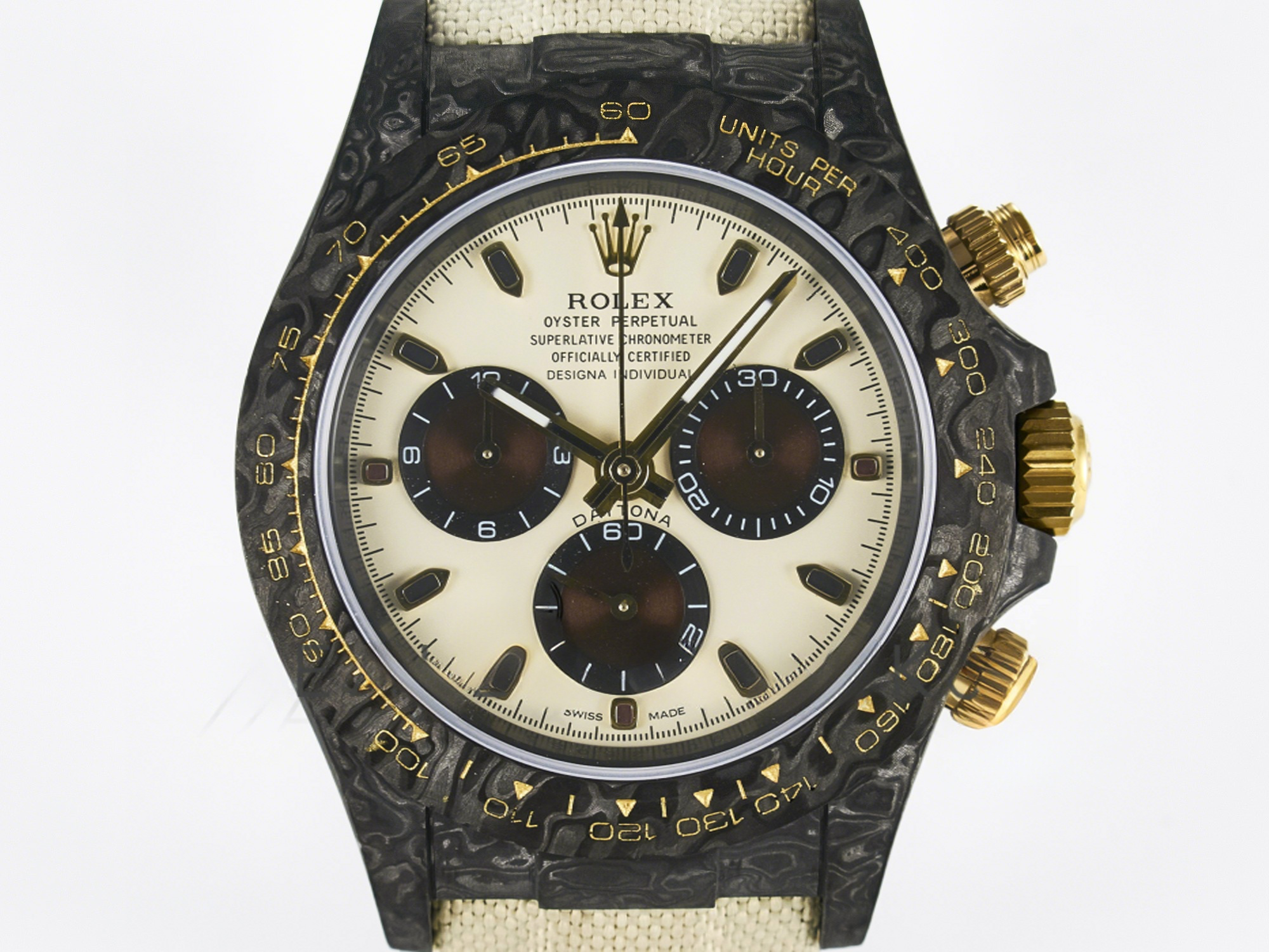 Rolex Daytona DIW Carbon Case DIWF Edition Cream/Brown Dial on White Nylon Strap A7750-fasswatch