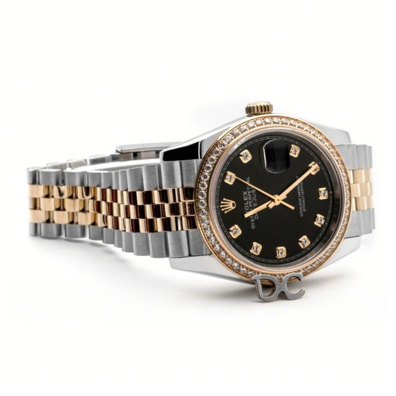 Rolex Datejust 36 126283RBR Black Dial in Yellow Gold and Steel with Diamond Set Bezel and Diamond Markers-fasswatch