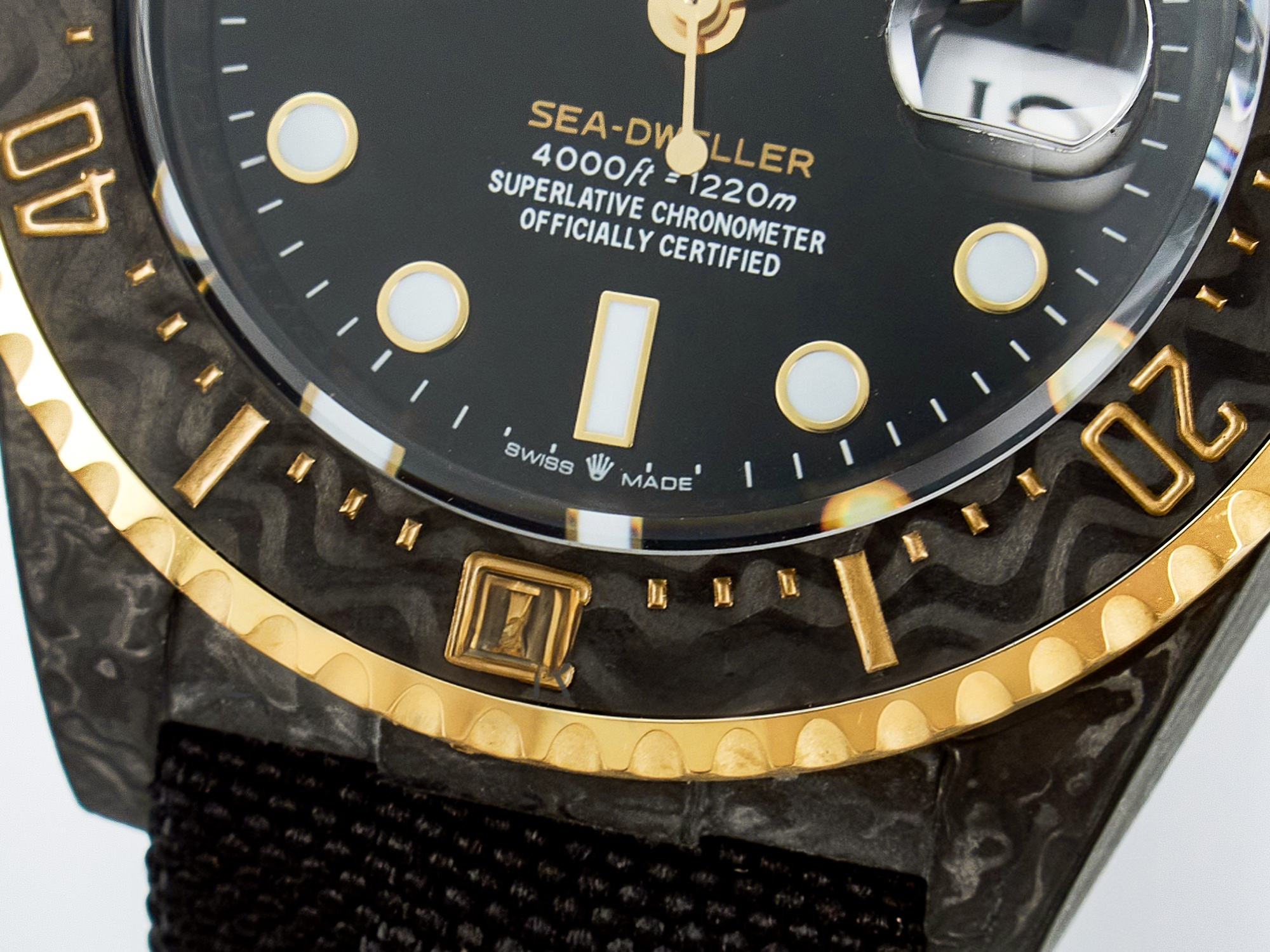 Rolex Sea Dweller 43mm Carbon DIWF Best Edition Black Dial YG Bezel on Black Nylon Strap A2824-fasswatch