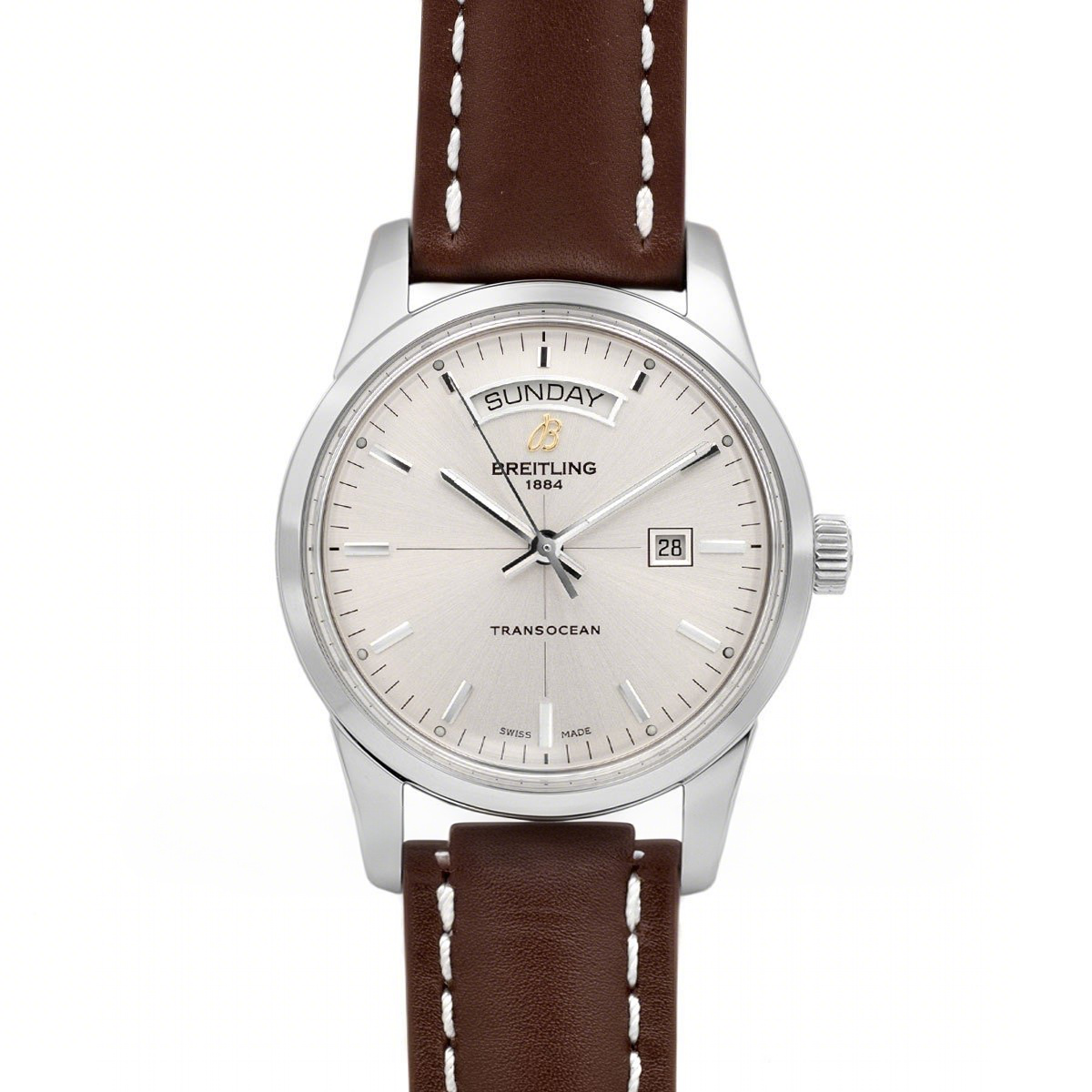 Breitling Transoccean Day & Date Silver Dial in Steel on Leather Strap-fasswatch
