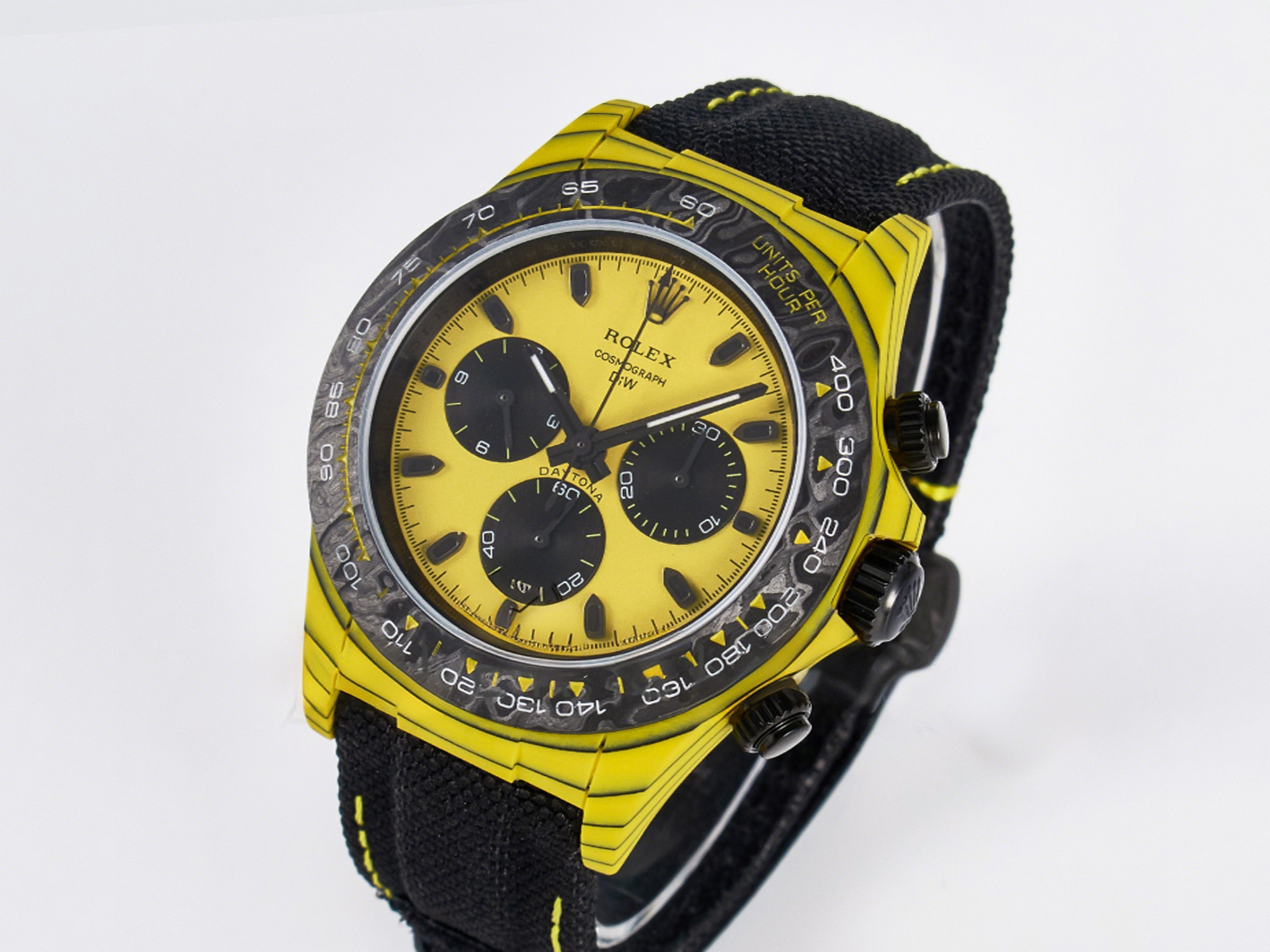 Rolex Daytona DIW Yellow Carbon Case DIWF Edition Black/White Dial on Black Nylon Strap A7750-fasswatch