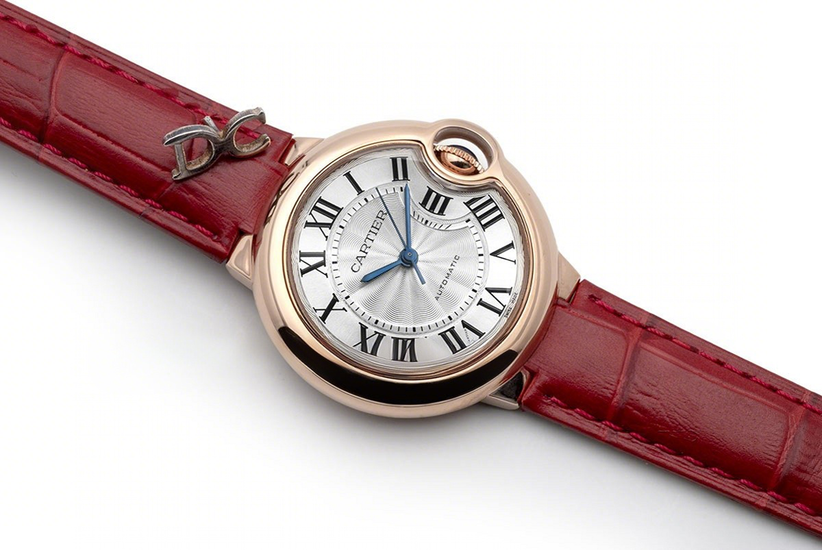 Cartier Ballon Bleu De Cartier 36mm Silver Dial in Pink Gold on Red Leather Strap-fasswatch