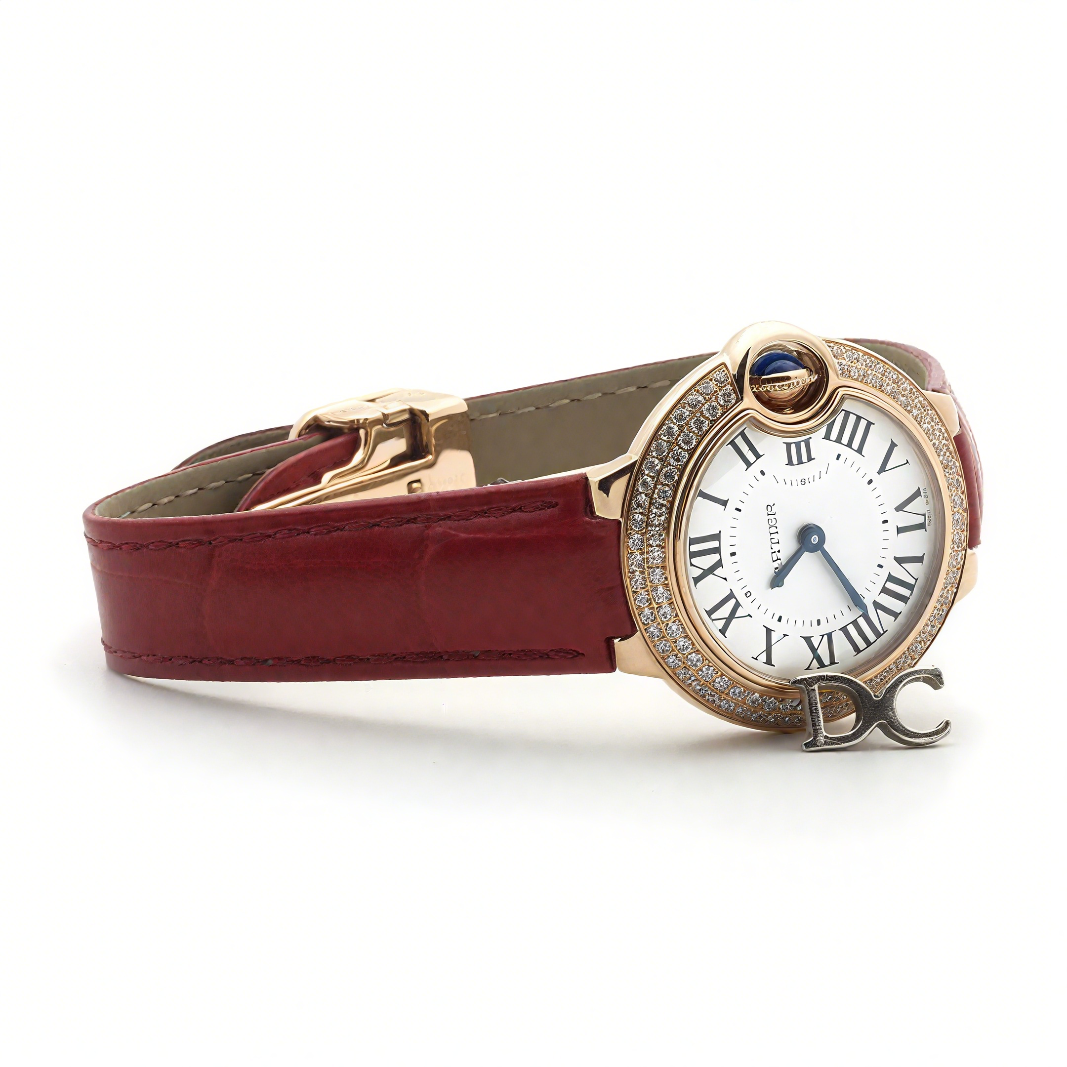 Ballon Bleu de Cartier 28mm White Dial in Gold with Diamonds on Red Leather Strap-fasswatch