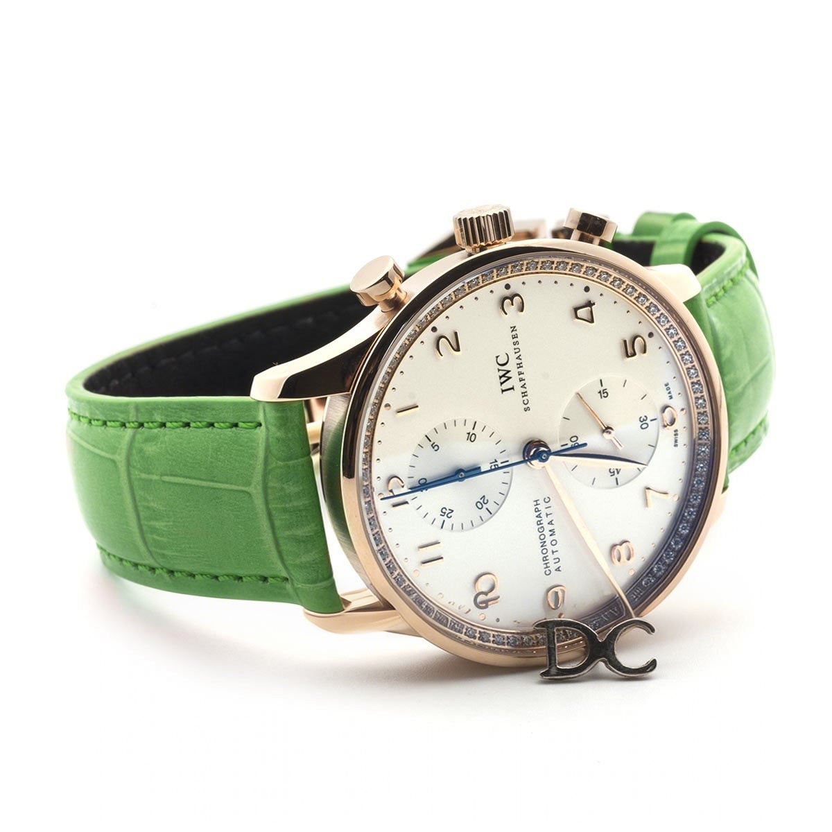 IWC Portugieser Chronograph Automatic White Dial in Rose Gold on Green Leather Strap-fasswatch