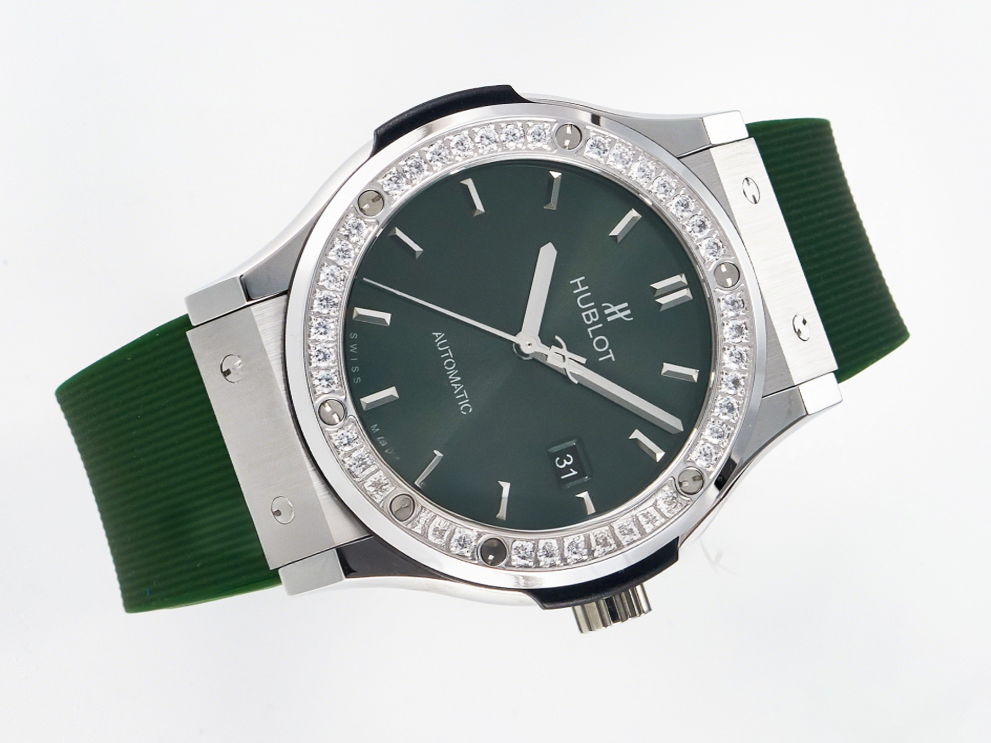 Hublot Classic Fusion Bang 42mm HBF 1:1 Best Edition Green Dial Diamonds Bezel on Green Rubber Strap A2892-fasswatch