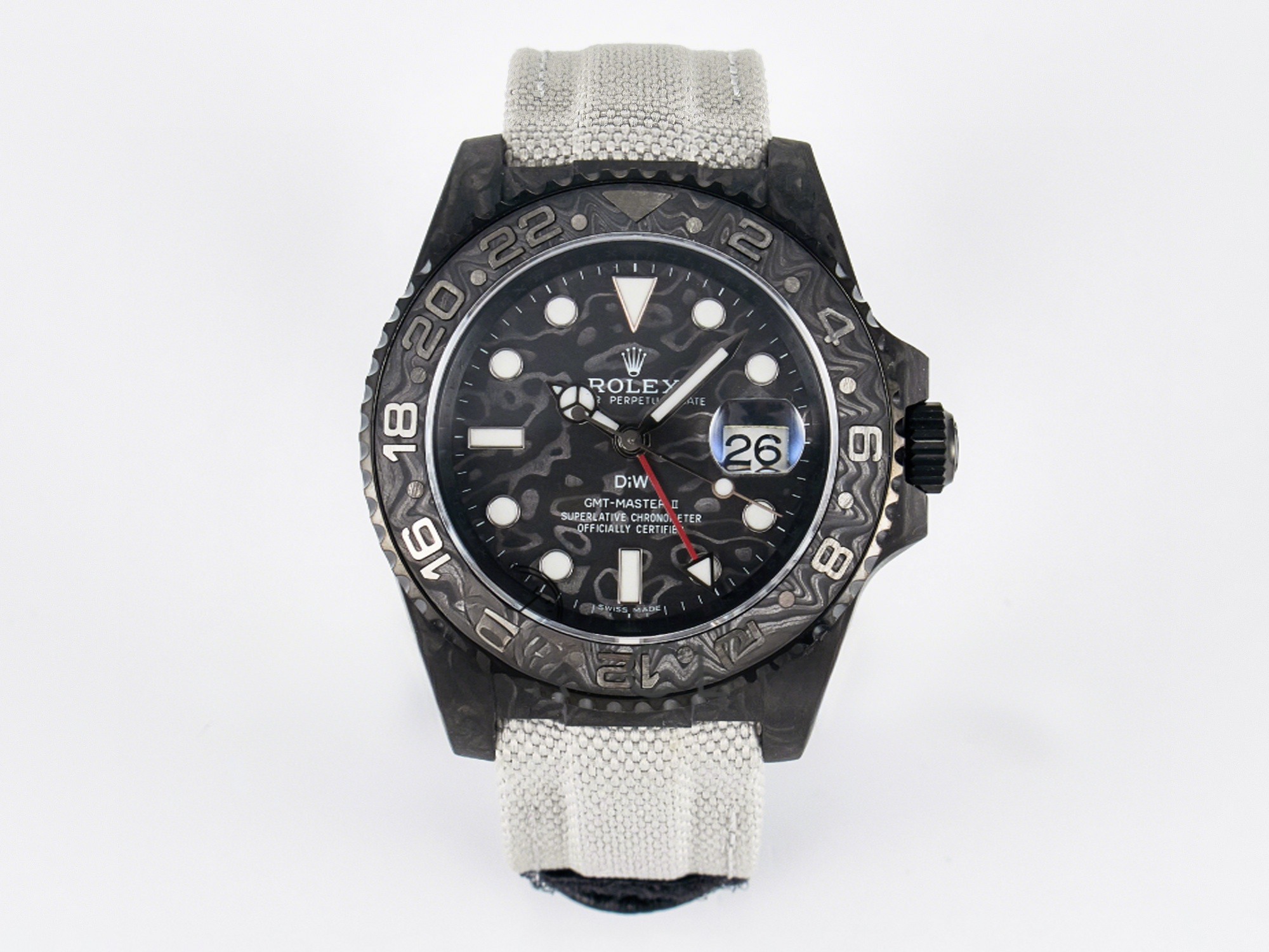 Rolex GMT Carbon DIWF Best Edition Black Carbon Dial SS Markers on White Nylon Strap SA3285 CHS V2-fasswatch