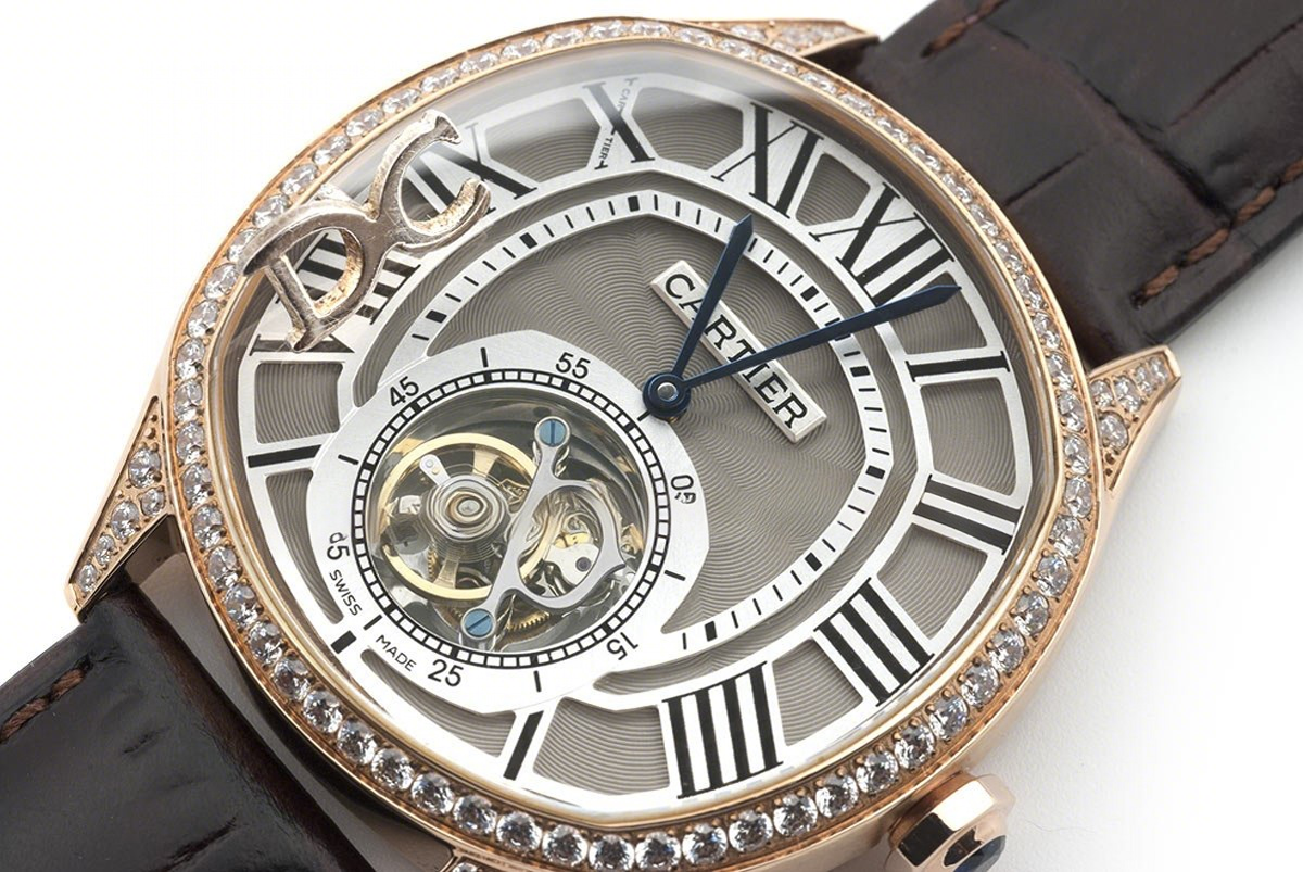 Cartier Drive de Cartier Tourbillon Grey Dial with Diamond Bezel in Rose Gold on Black Leather Strap-fasswatch