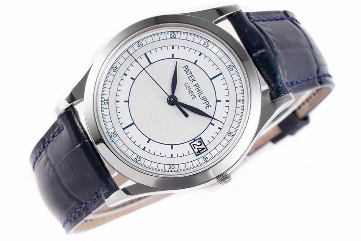 Patek Philippe Calatrava 5296G-001 White Dial in White Gold on Blue Leather Strap-fasswatch