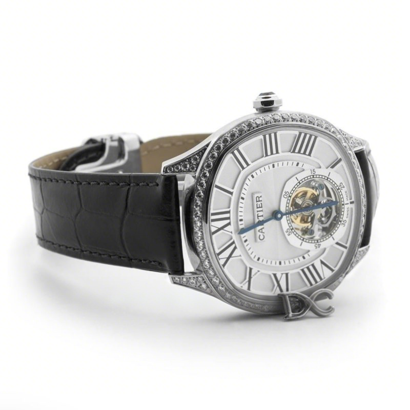 Drive de Cartier Tourbillon White Dial with Diamond Bezel in White Gold on Black Leather Strap-fasswatch