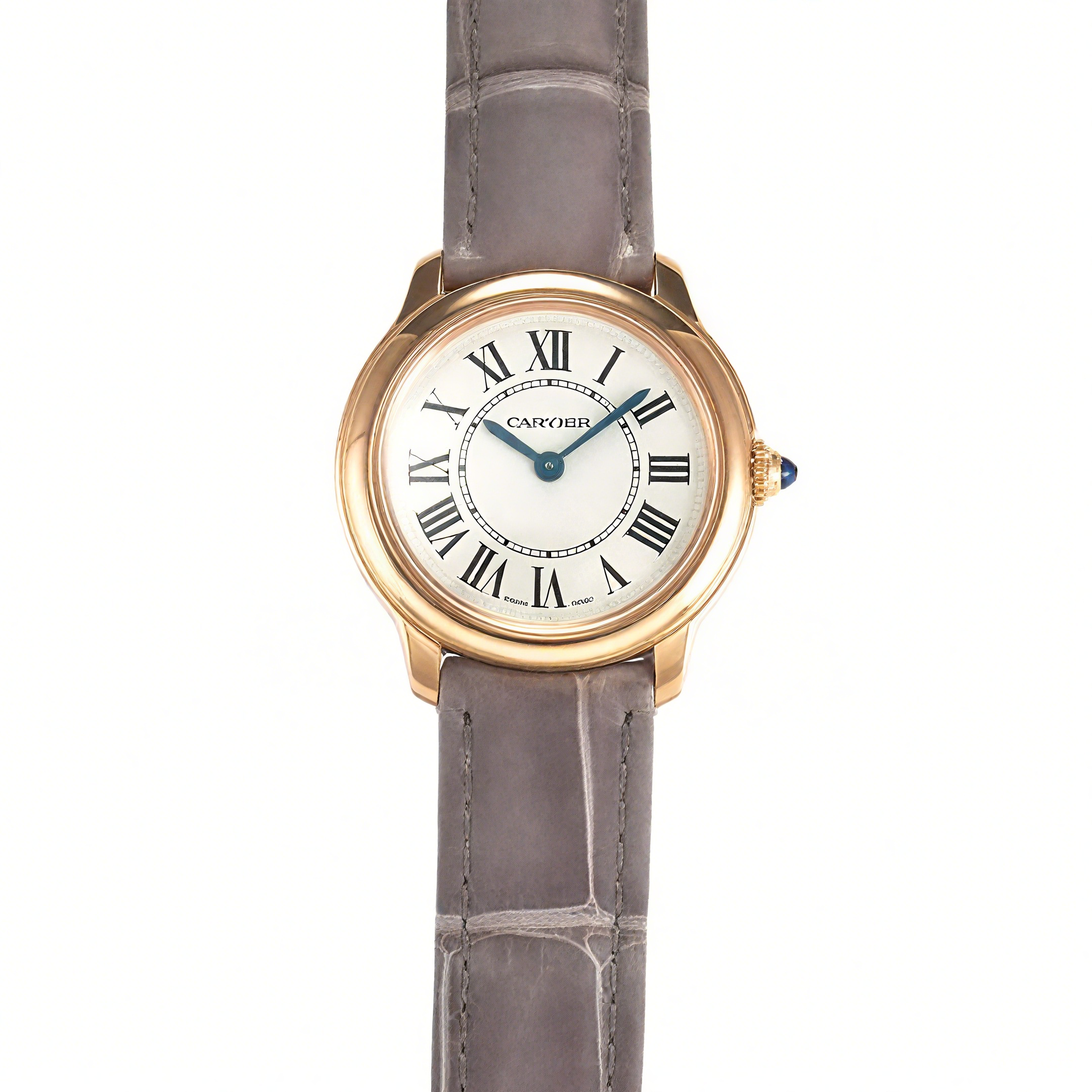 Cartier Ronde Must De Cartier 29mm White Dial in Rose Gold on Grey Leather Strap-fasswatch