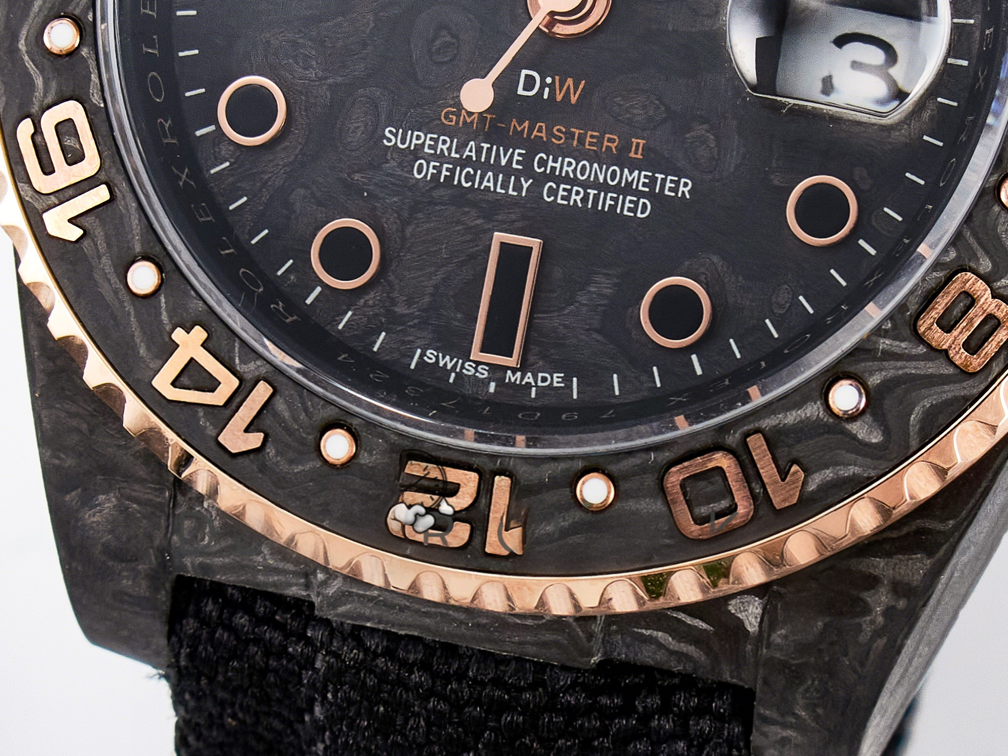 Rolex GMT Carbon DIWF Best Edition Black Carbon Dial RG Markers on Black Nylon Strap SA3186 CHS-fasswatch