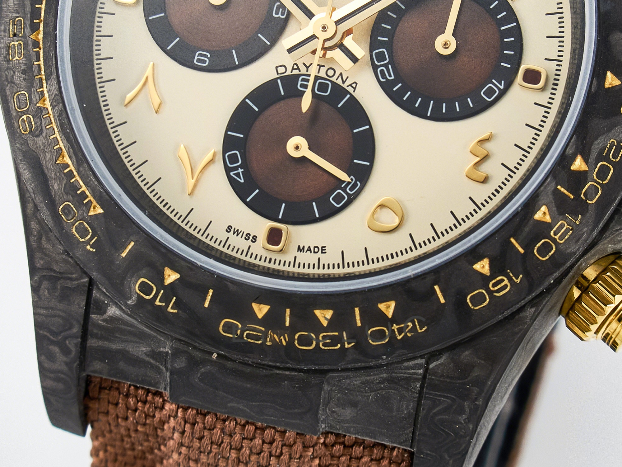 Rolex Daytona DIW Carbon Case and Bezel DIWF Edition Yellow Arabic Dial on Brown Nylon Strap A7750-fasswatch