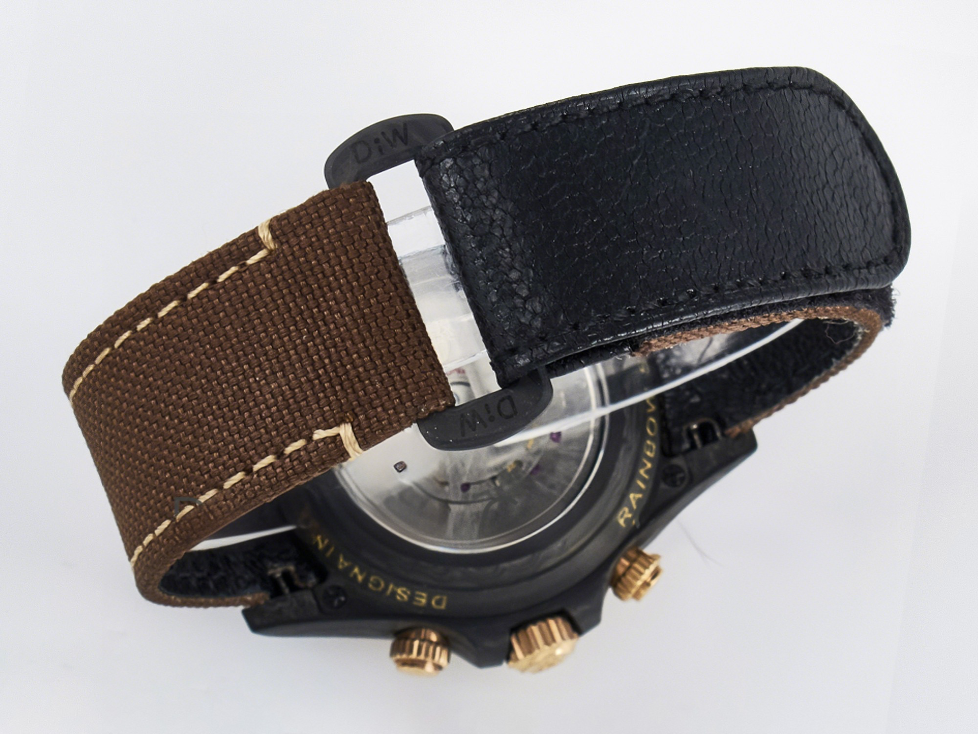 Rolex Daytona DIW Carbon Case DIWF Edition Black Dial Rainbow Diamonds Bezel on Brown Nylon Strap A7750-fasswatch