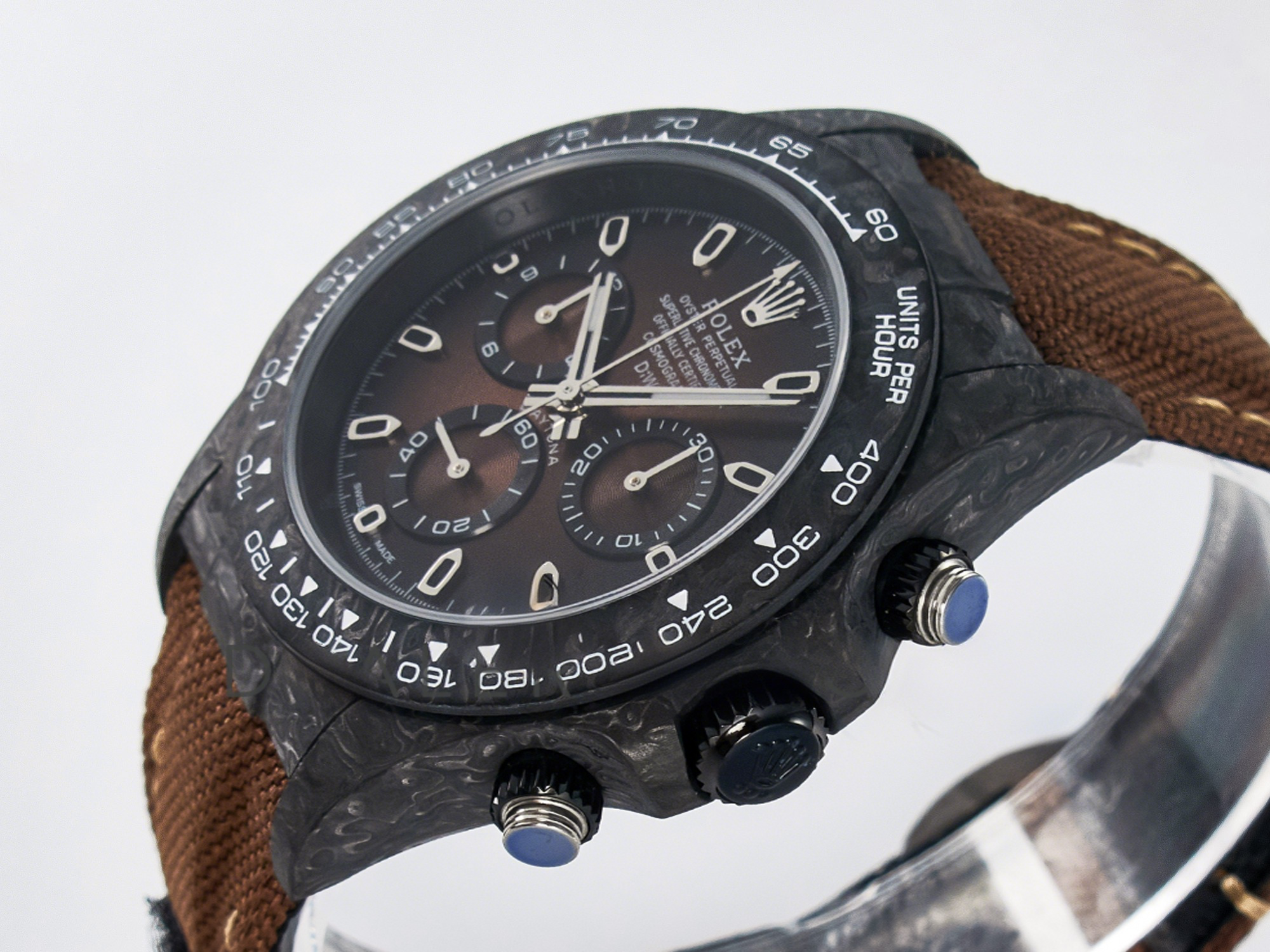 Rolex Daytona DIW Carbon/SS Case and Bezel DIWF Edition Brown Dial on Brown Nylon Strap A7750-fasswatch