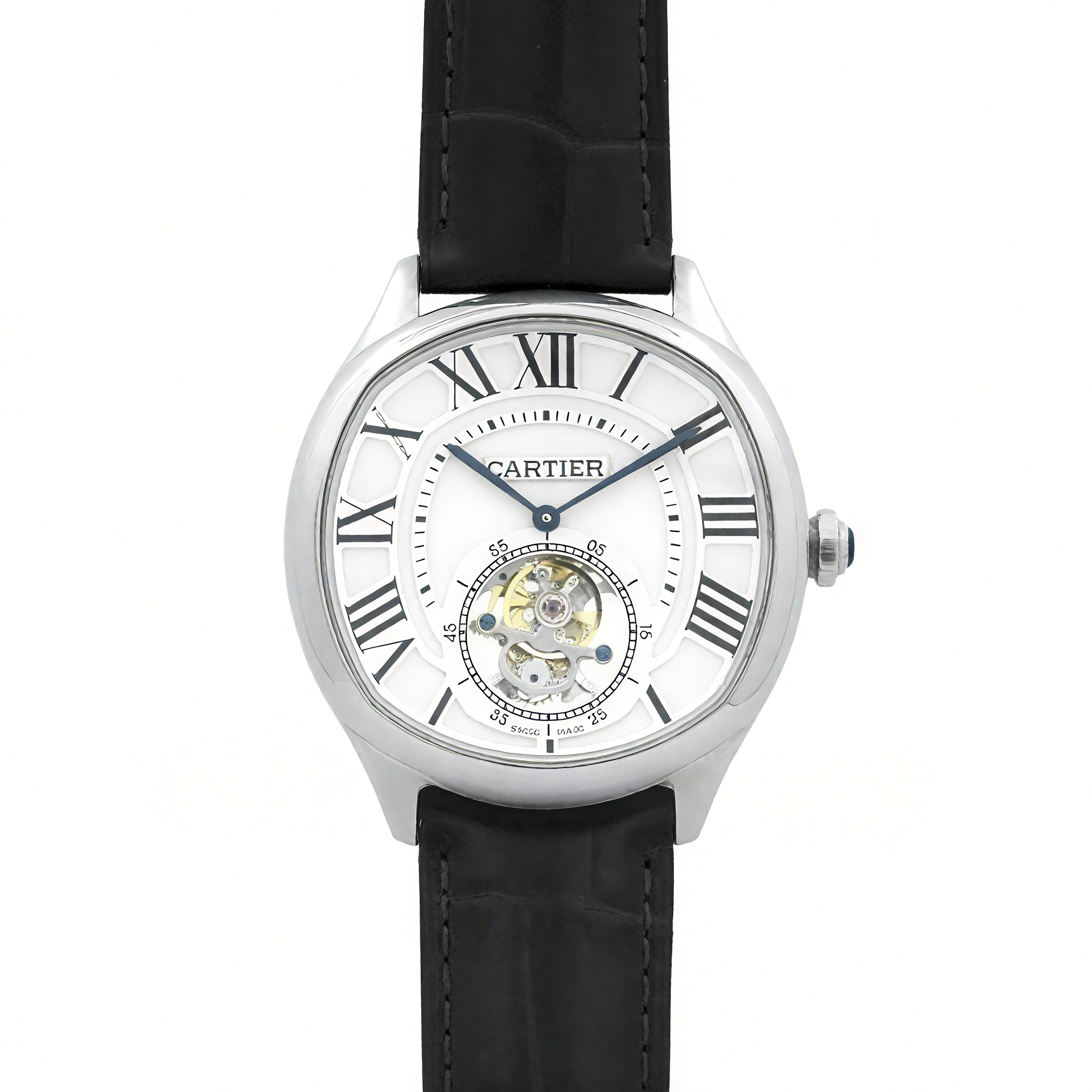 Drive de Cartier Tourbillon White Dial in White Gold on Black Leather Strap-fasswatch