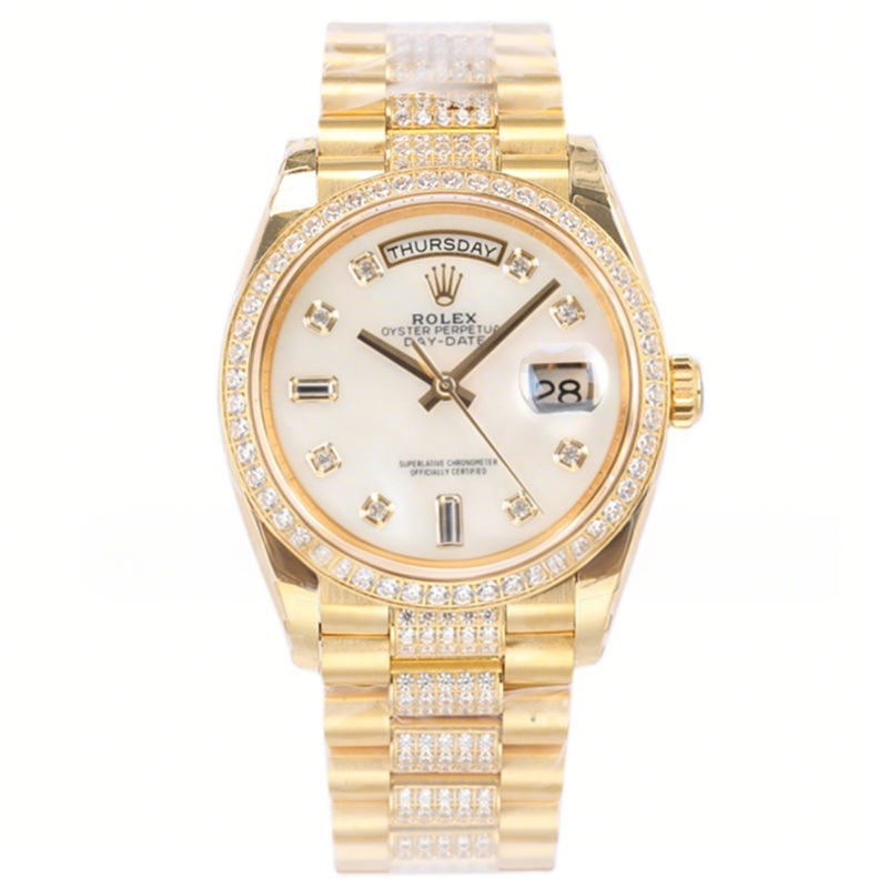 Rolex Day-Date 36 128348RBR MOP Dial with Diamond Bezel in Yellow Gold-fasswatch